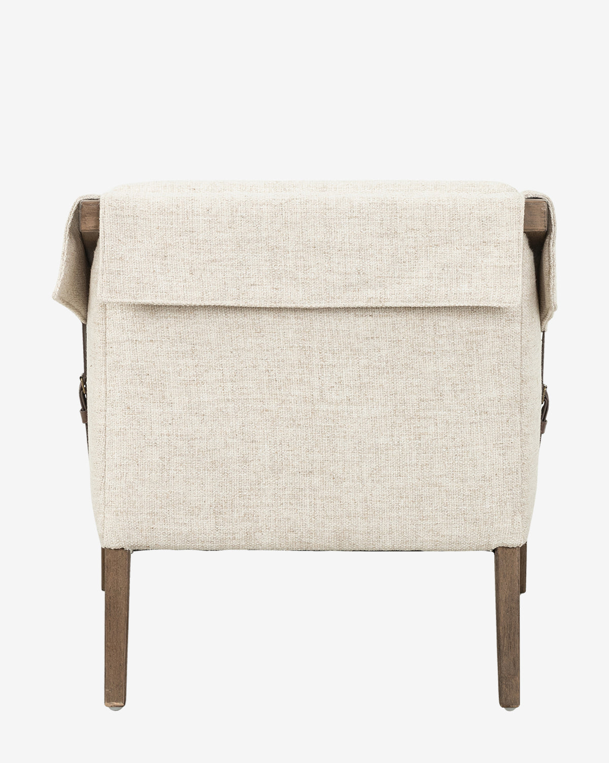 A beige Payson Leather Chair is shown from behind with a fabric cover on the backrest, straight wooden legs, and visible top-grain leather straps at the sides. The background is plain white.