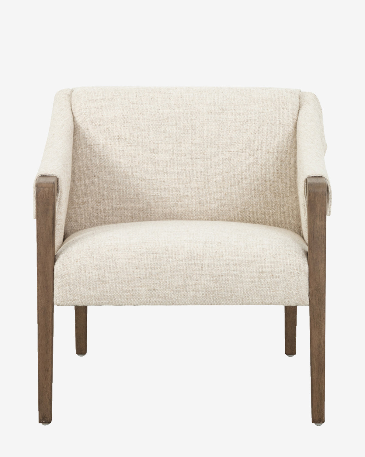 The Payson Leather Chair features light beige performance fabric, straight wooden legs and arms, plus elegant top-grain leather straps, shown against a plain white background.