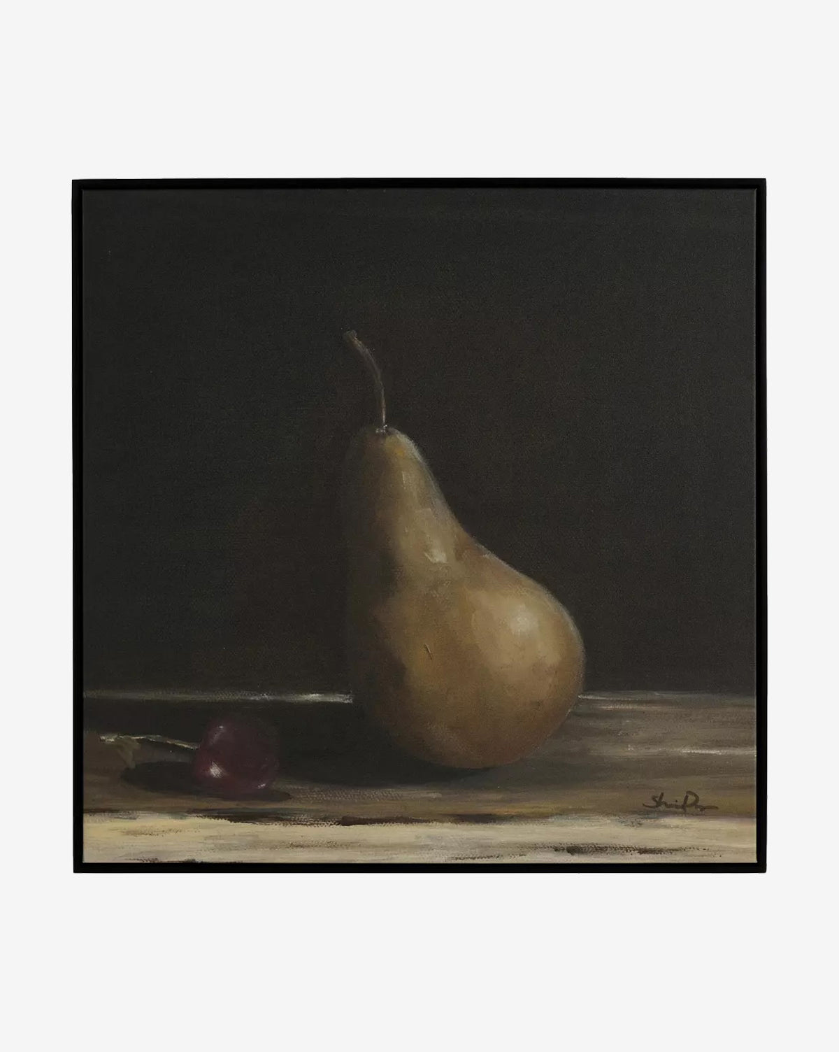 Pear I by Shaina Page features a richly colored pear standing upright beside a small red cherry on wood, set against a dark background and elegantly presented in an American maple floater frame, by McGee & Co.