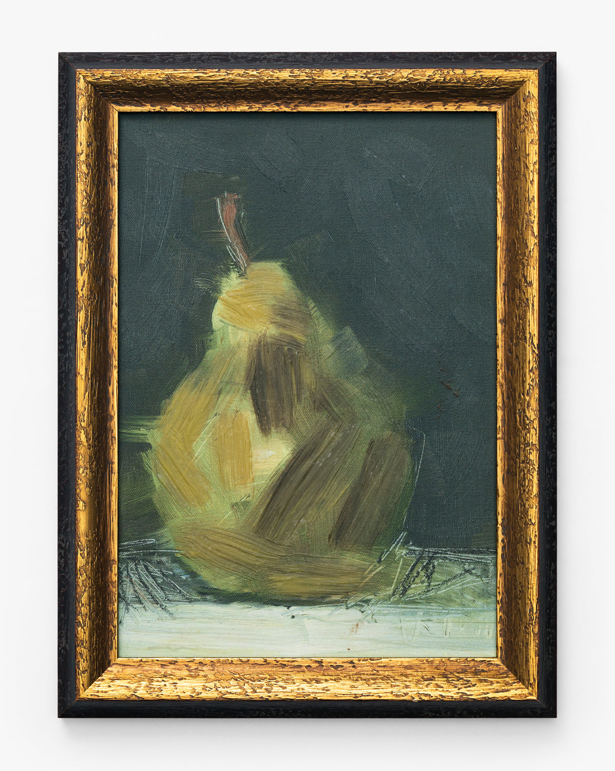 Pear Pictorial: Abstract still life featuring a pear in green and yellow tones, painted with bold, textured brushstrokes on a dark green background, by McGee & Co.