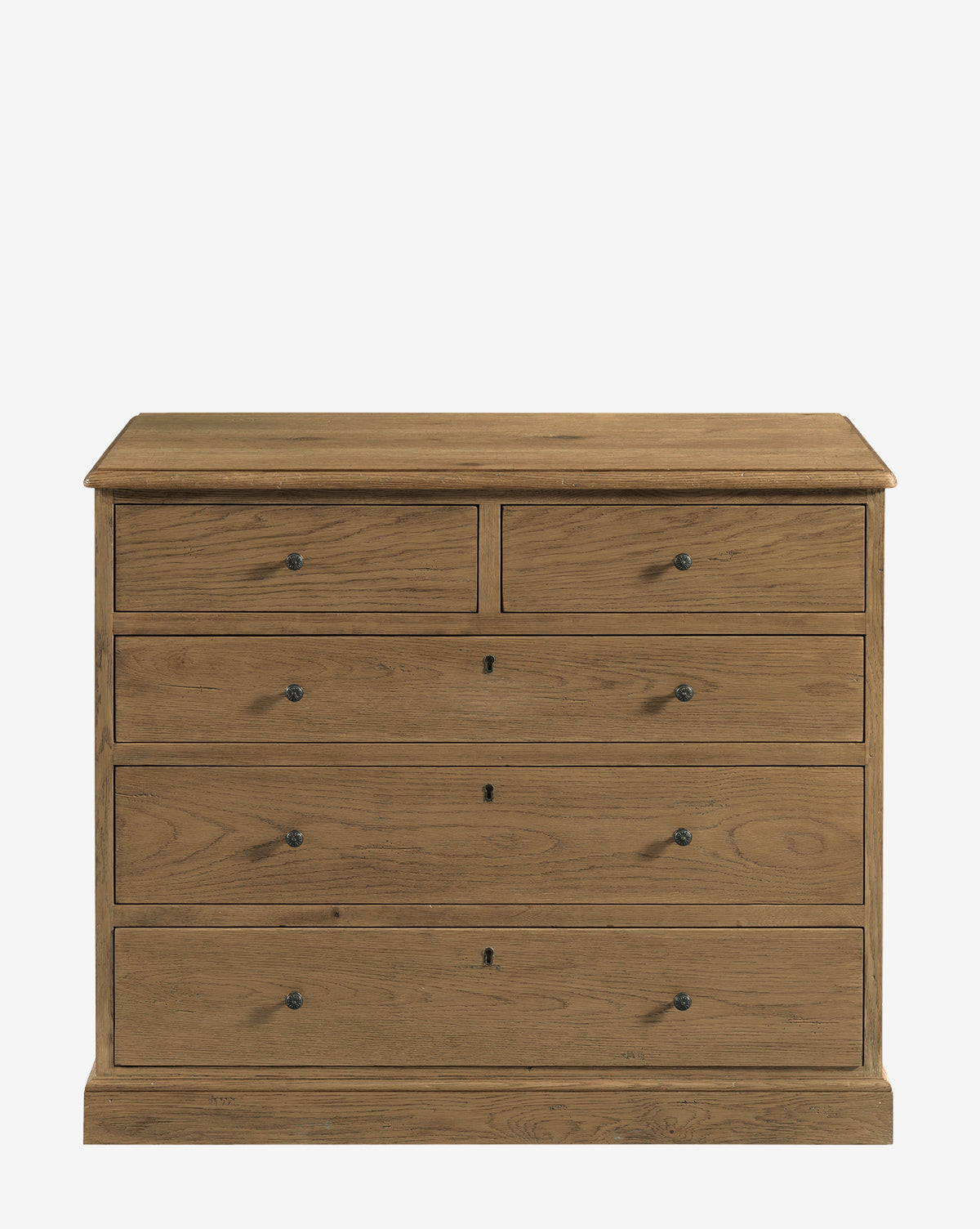 The Pearce Chest is a five-drawer chest in a natural wood finish, featuring two upper small drawers and three larger lower ones with round black knobs, displayed against a plain white background.