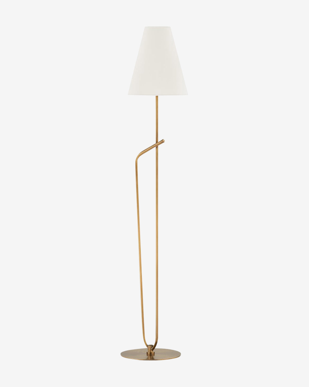 The Pearce Floor Lamp by Troy Lighting showcases a slim gold metal base with a patina brass finish and a uniquely bent rod supporting a white conical shade, standing on a round base against a plain white background. McGee & Co.
