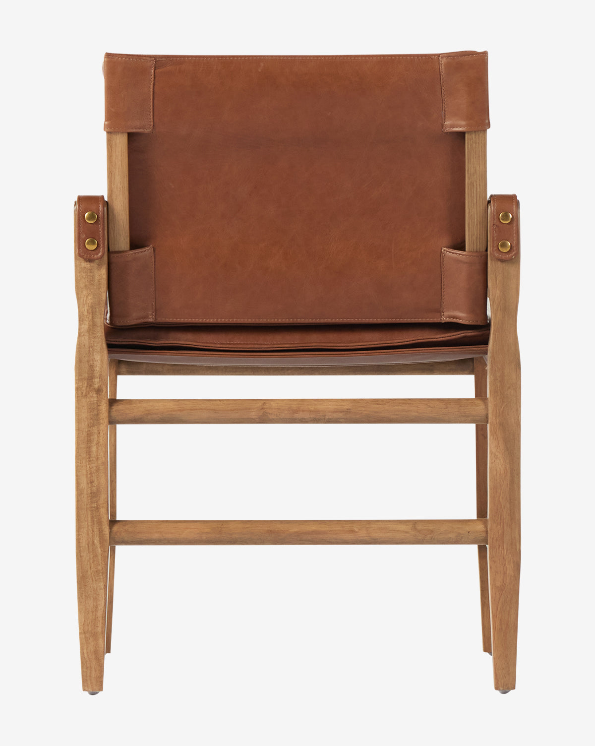 The Pederson Dining Armchair, with a honey-finished wood frame, top grain leather seat, visible stitching, and brass hardware, is pictured from the back against a plain white background by McGee & Co.
