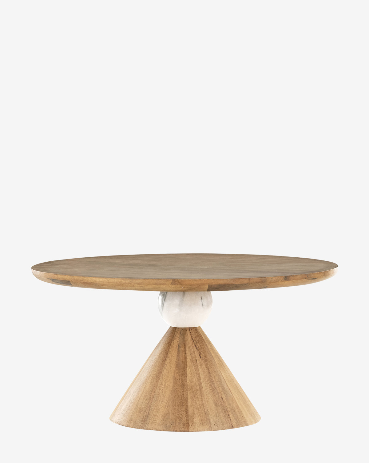The Pedretti Dining Table features a smooth, round parawood top, a conical wooden base, and a central white marble sphere, highlighting Italian design against a plain white background by McGee & Co.