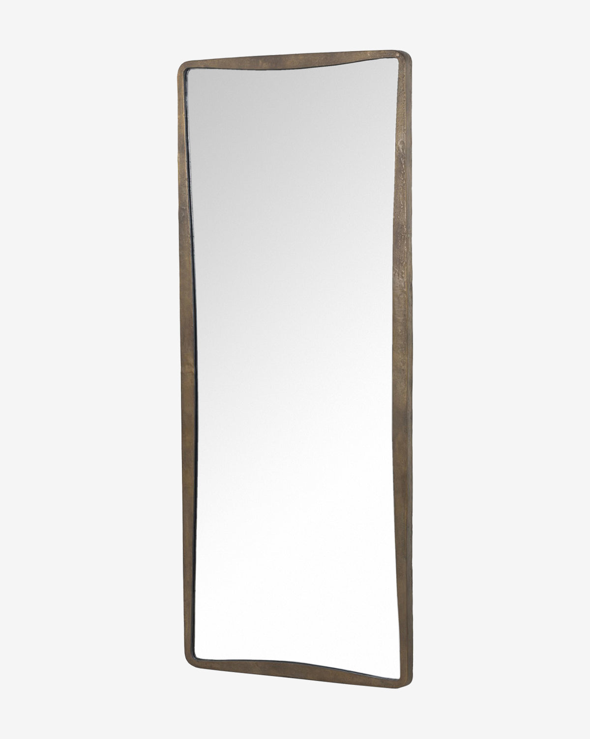 The Penrod Floor Mirror features a tall, rectangular silhouette and a hand-forged bronze metal frame with subtle irregularity, making it a sculptural home decor piece. Shown against a plain white background by McGee & Co.