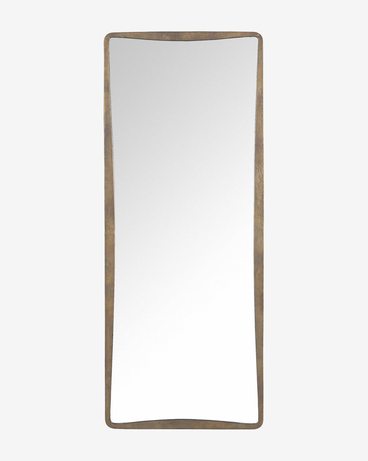 The Penrod Floor Mirror features a tall design with gently curved edges and a slim antique brass cast aluminum frame, making it a striking sculptural decor piece, shown here against a plain white background by McGee & Co.