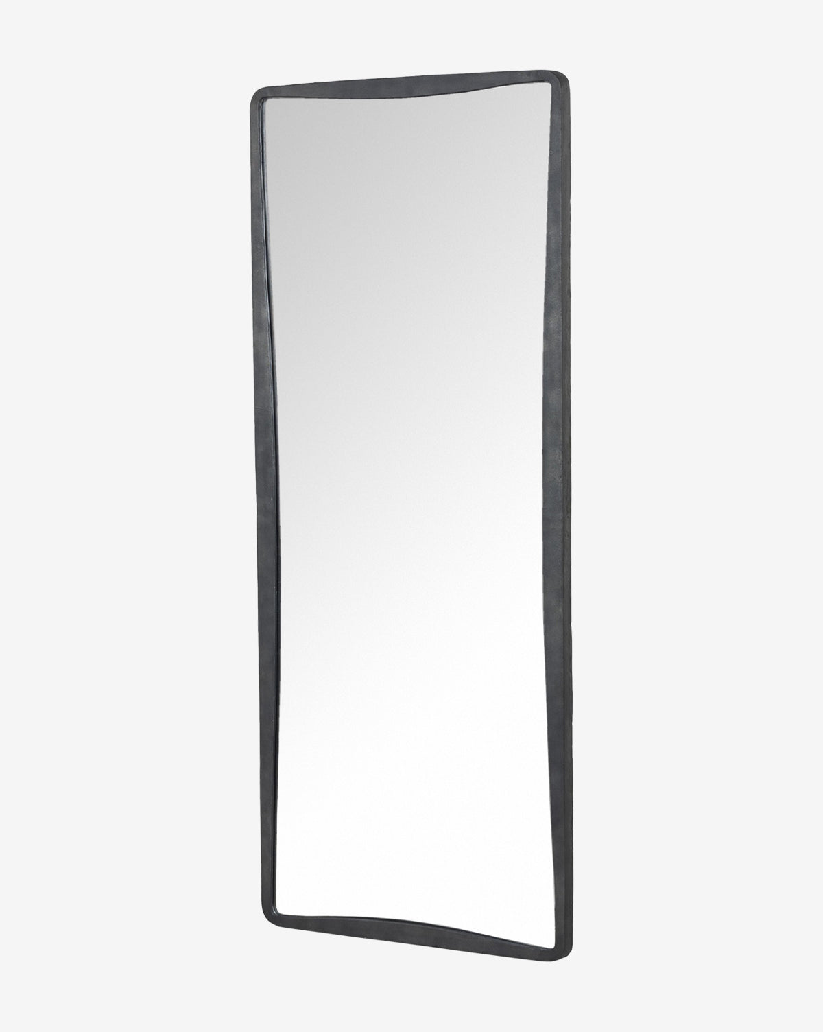 The Penrod Floor Mirror features a slightly uneven dark cast aluminum frame and leans at an angle against a light background, making it perfect as sculptural home decor, by McGee & Co.