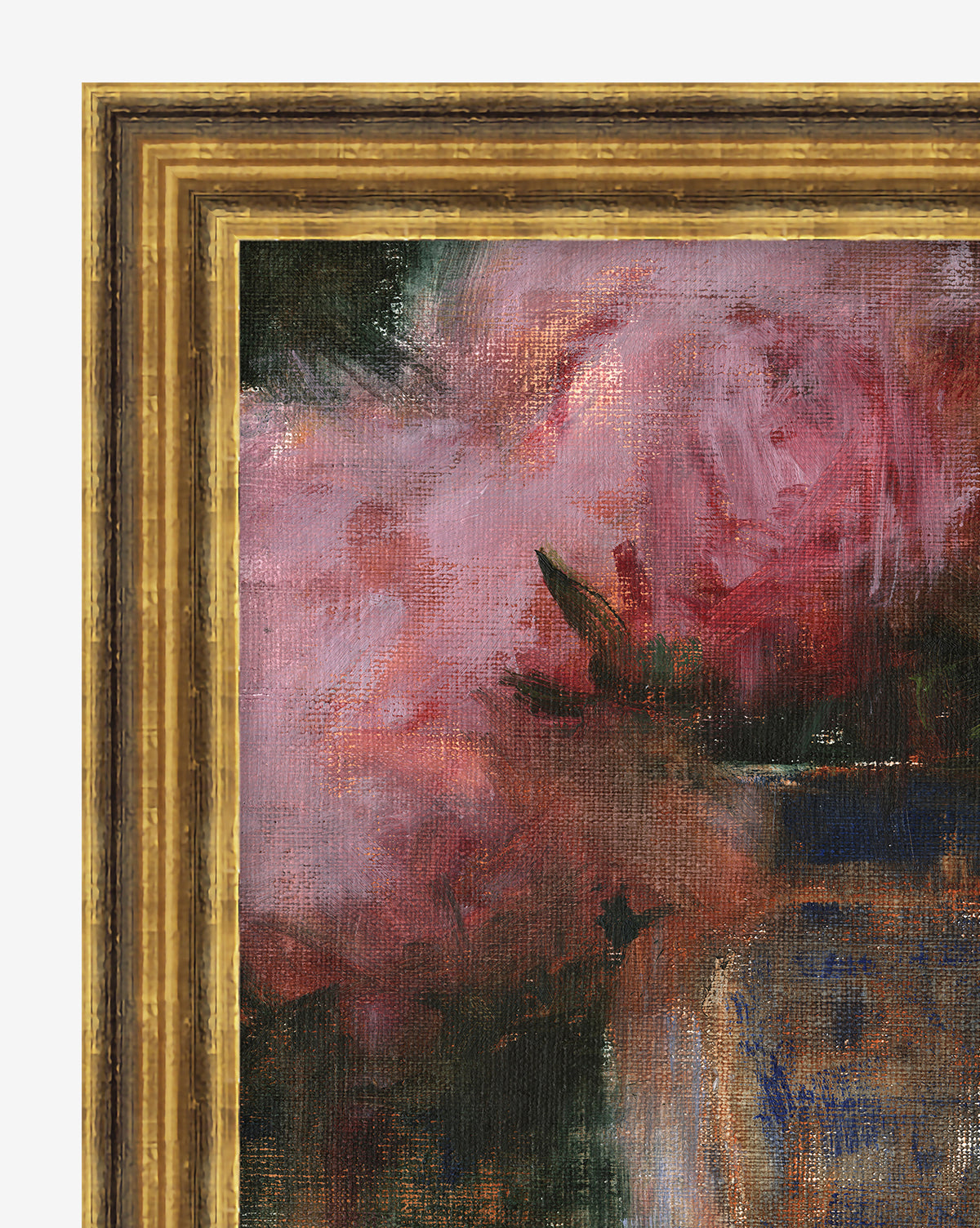 Close-up of Peonies & Vase, a framed painting featuring textured pink and red brushstrokes that evoke abstract flowers. The antique gold frame has ornate, layered edges, adding a vintage accent to the artwork.