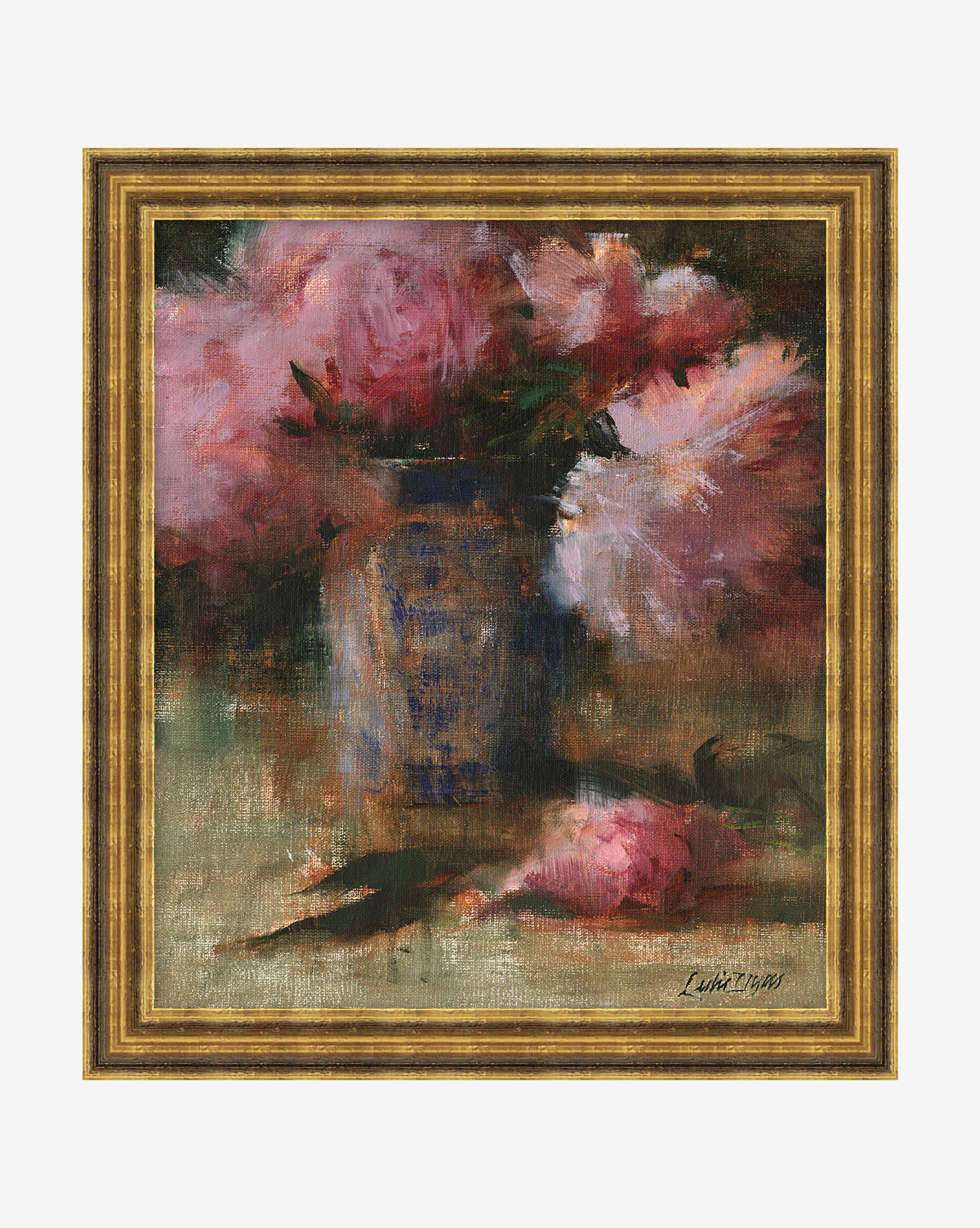 Peonies & Vase: A framed still life of pink peonies with delicate petals in a blue and gold vase, impressionist brushstrokes, warm muted background, and a vintage-style gold frame with black accents.