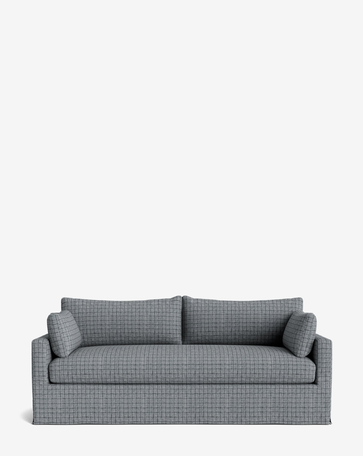A Peterson Classic Slipcover Sofa (75-100) in gray plaid with square arms and two matching feather blend cushions, shown against a plain white background by McGee & Co.