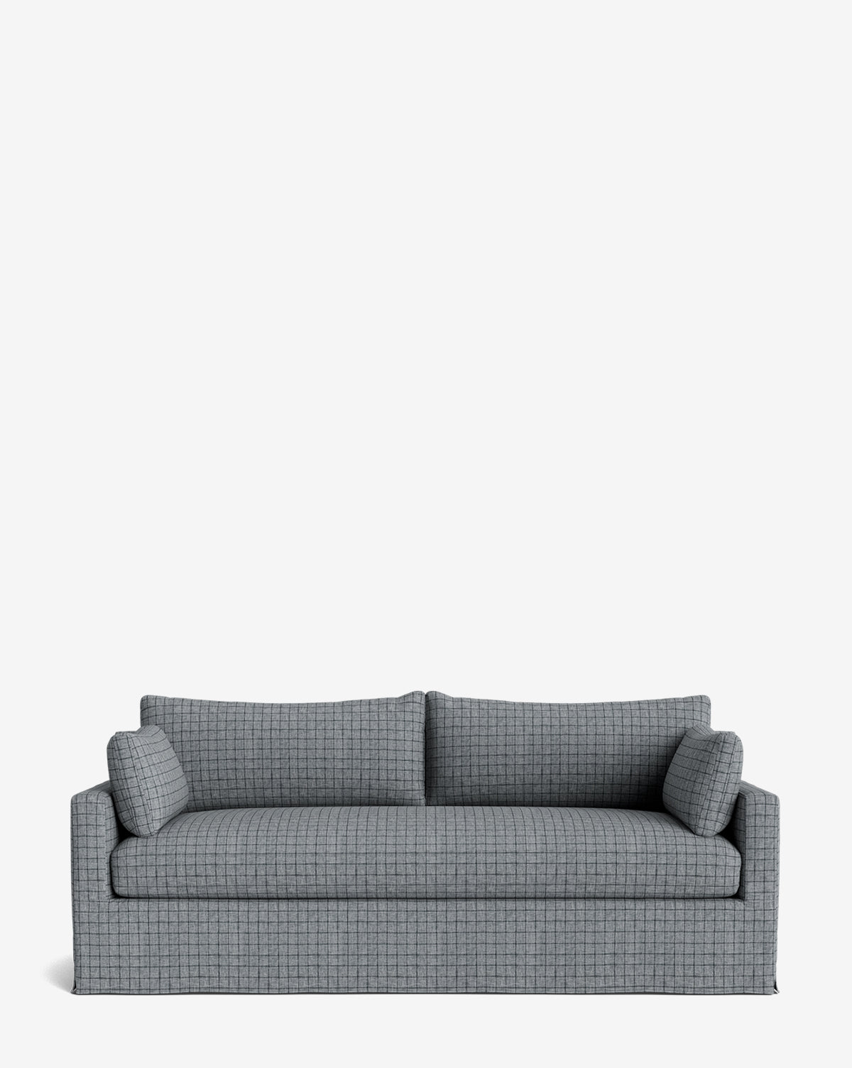 The Peterson Classic Slipcover Sofa (75-100) in gray features a subtle checkered pattern, feather blend cushions, two seat and back cushions, and two matching side pillows, shown against a plain white background, by McGee & Co.