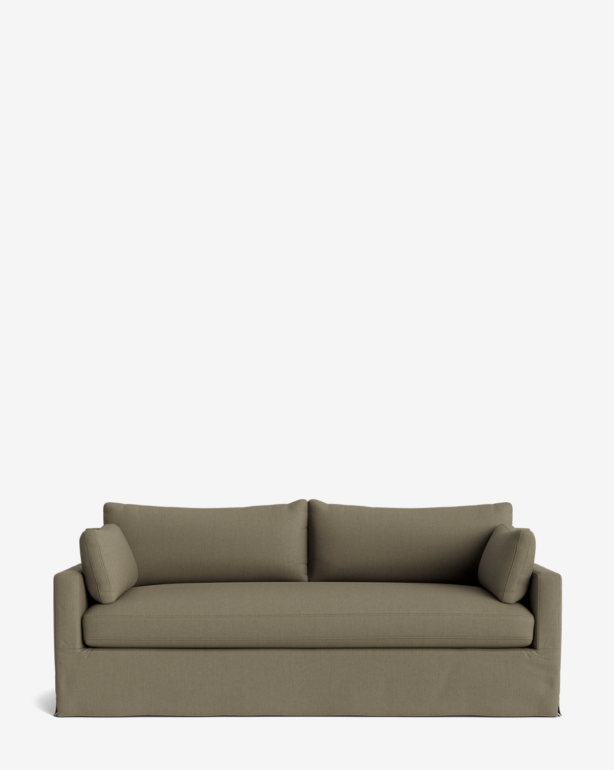 The Peterson Classic Slipcover Sofa (75-100) features a modern olive-green design with a skirted base, straight arms, feather blend cushions, and two matching bolster pillows, shown against a plain white background by McGee & Co.