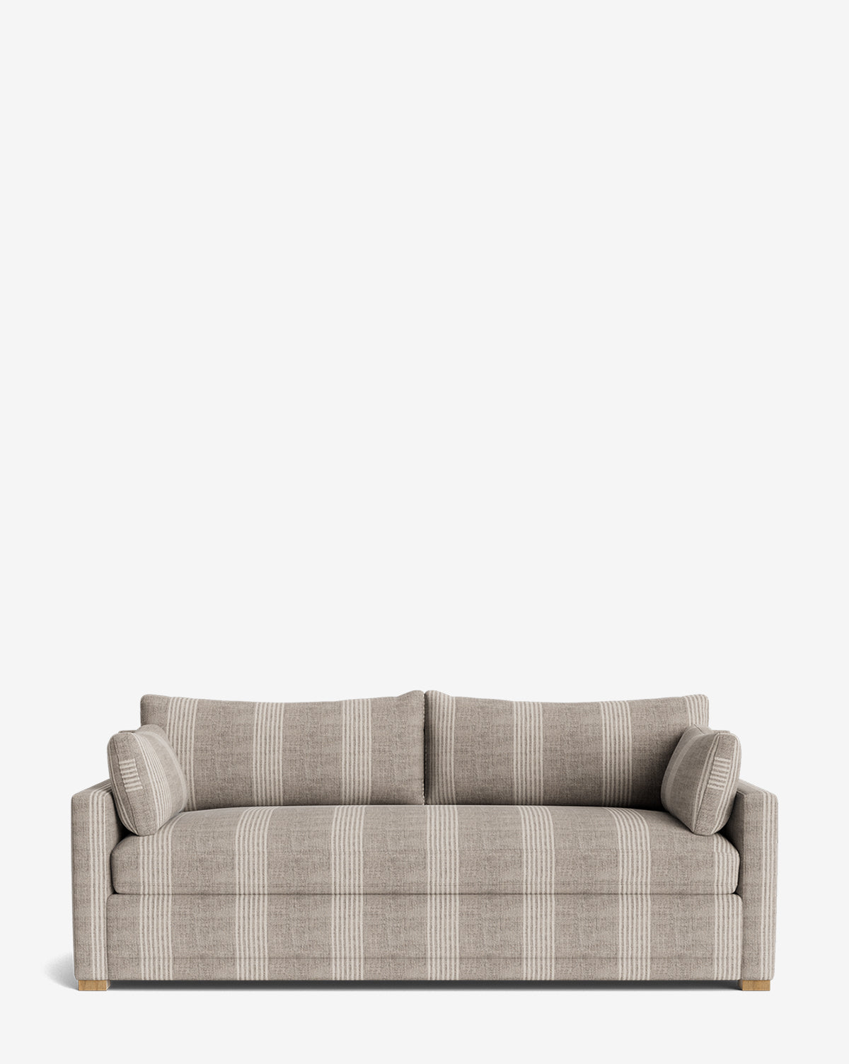 The Peterson Classic Upholstered Sofa (75 - 100”) features light gray and white vertical stripes, two plush seat and back cushions, two cylindrical side pillows, straight arms, and wooden legs for a modern handcrafted look, by McGee & Co.