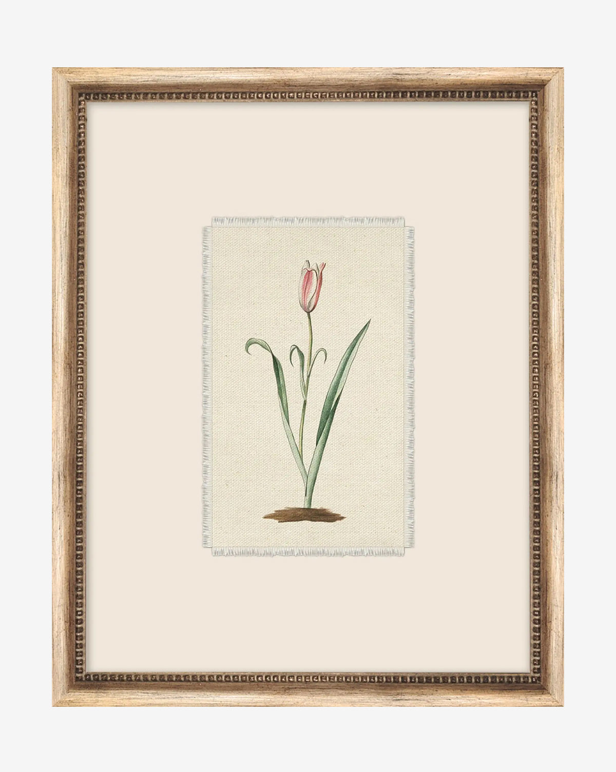 Petite Floral I: A framed botanical print showing a single pink tulip with green leaves on an off-white textured background, set in a vintage-style light brown wood frame with a beaded inner edge, by McGee & Co.