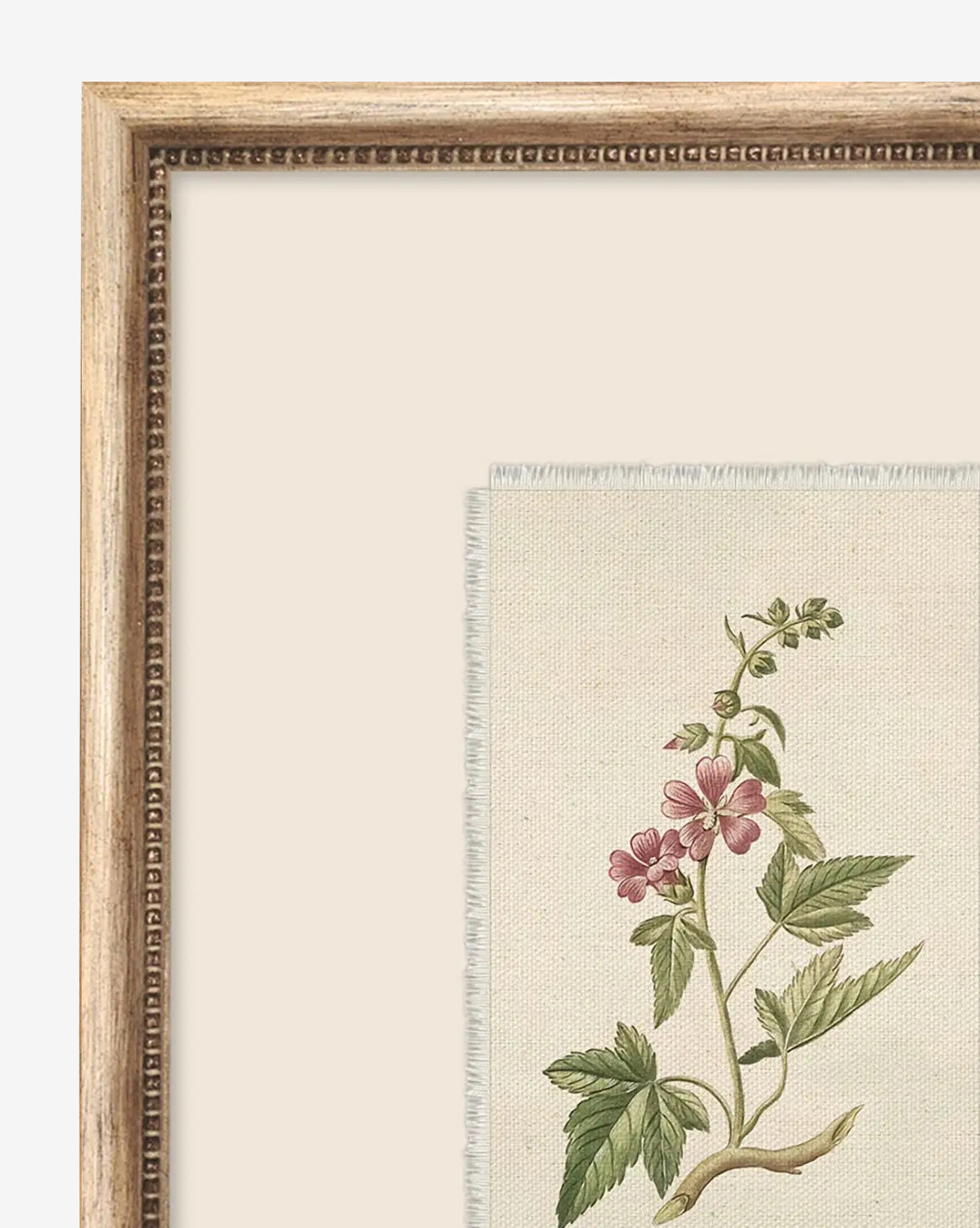 The Petite Floral III is a giclee print featuring a plant stem with green leaves and pink flowers on a beige background, set in a vintage-inspired wood frame with detailed inner edging, by McGee & Co.