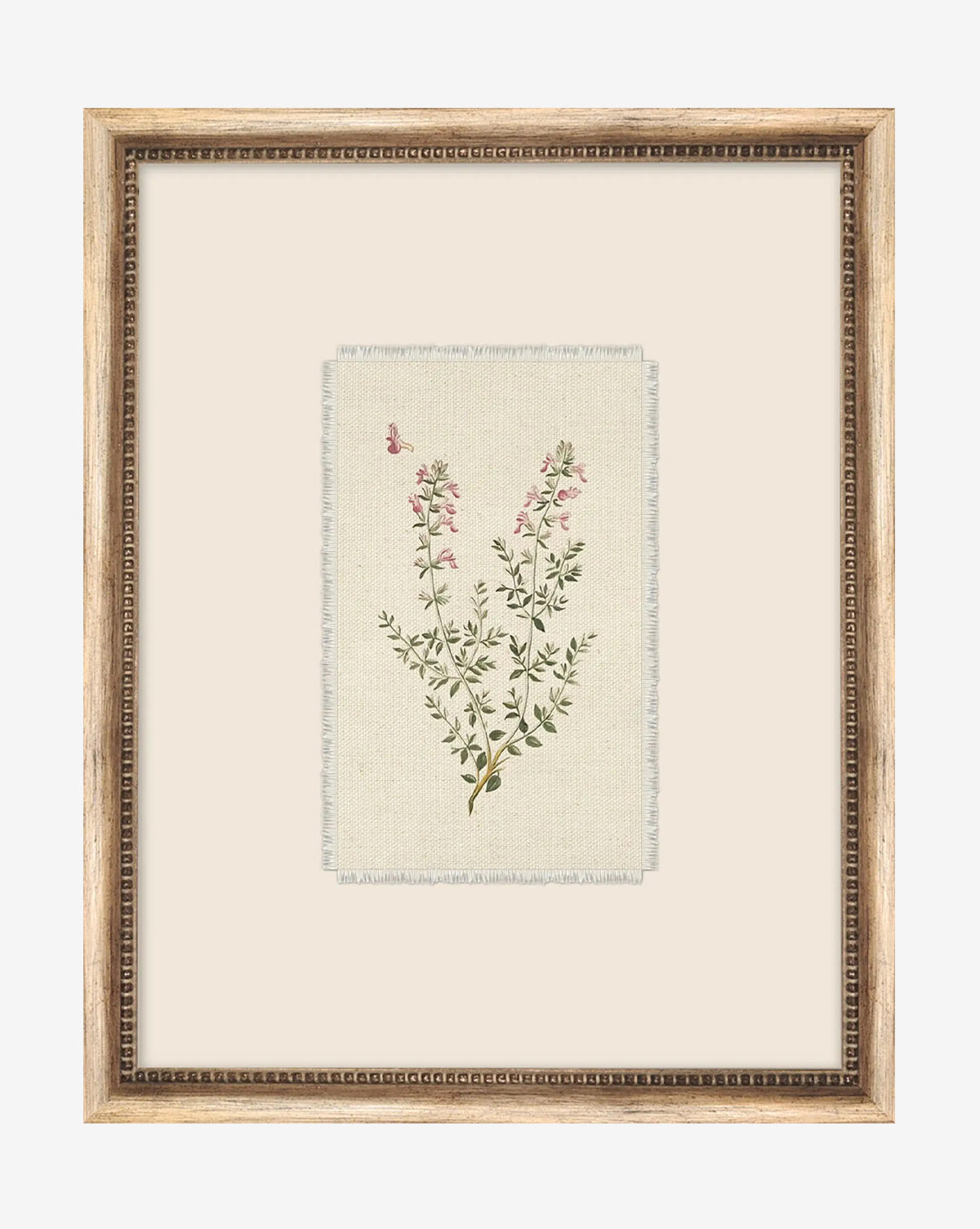 Petite Floral VII is a framed wall art featuring a botanical illustration of pink flowers with green stems and leaves on a light fabric background, bordered by a vintage-inspired wood frame with decorative inner detailing, by McGee & Co.
