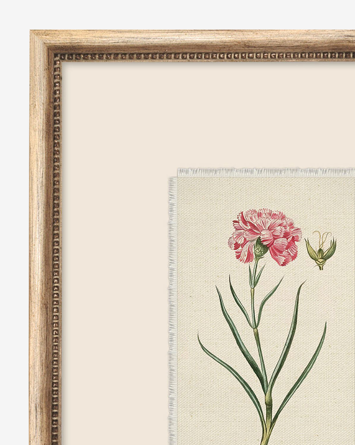 A close-up of Petite Floral VIII, a giclée print showing a pink flower with green leaves and a bud on a beige background, set in a vintage-inspired wood frame with an elegant beaded inner edge, by McGee & Co.