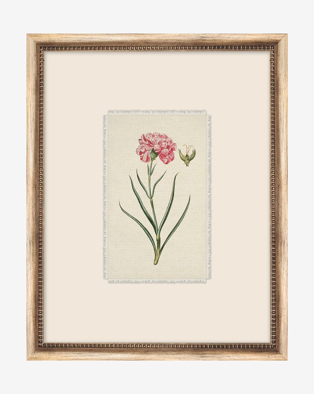Petite Floral VIII is a giclee print showcasing a pink carnation with green leaves and bud on a cream background, presented in a vintage-style wood frame, by McGee & Co.