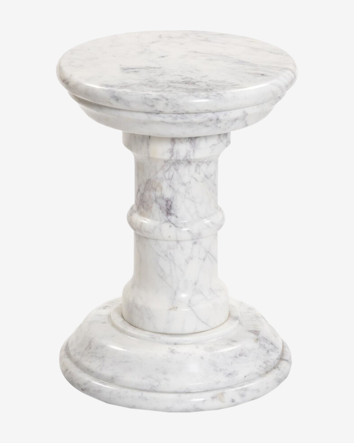 The Phaedra End Table is a round, architecturally-inspired piece made from white marble with subtle gray veins, featuring a thick column and circular base—ideal for adding sophistication to your living room, by McGee & Co.