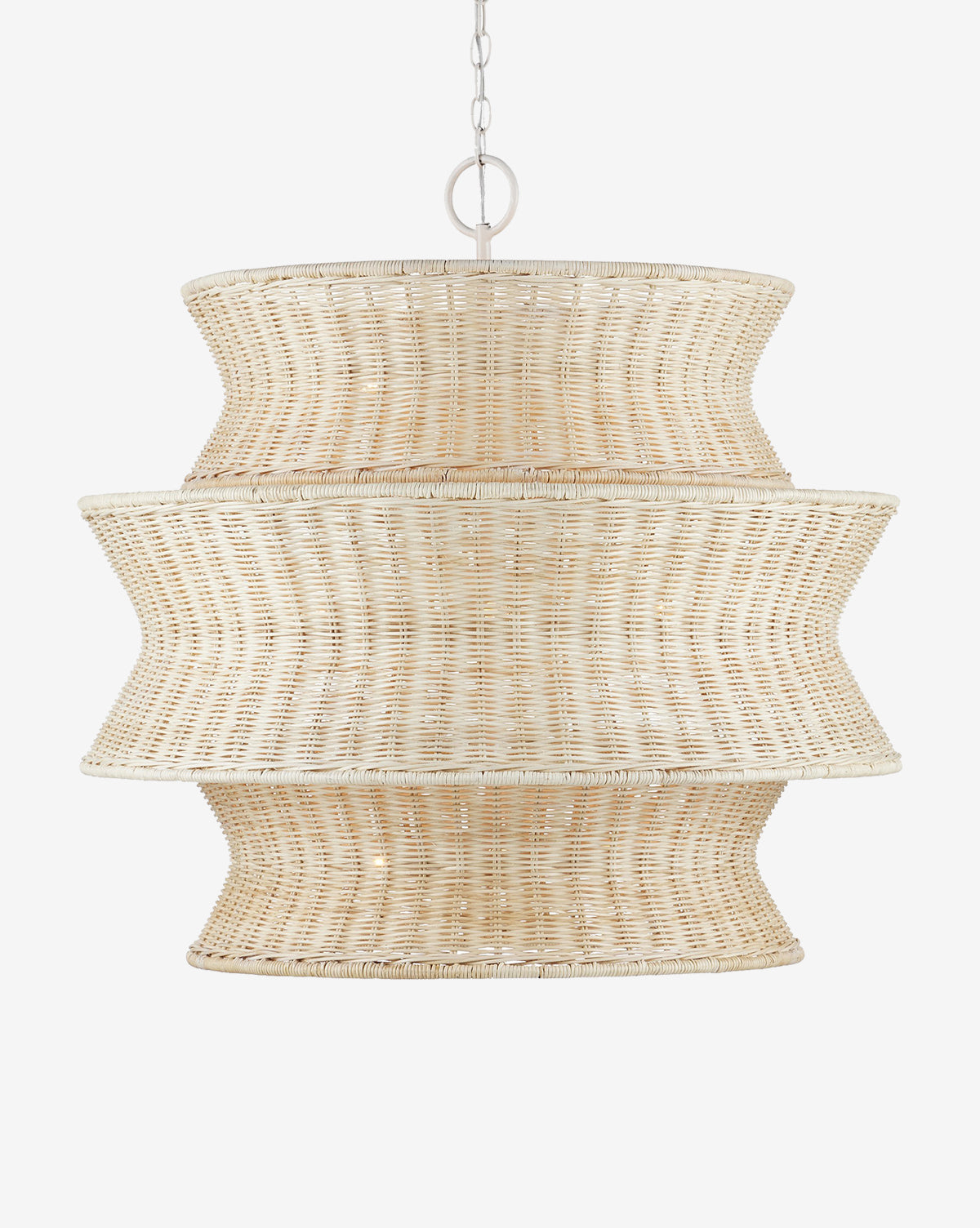 The Phebe Rattan Chandelier by Currey & Co. features three woven tiers in an hourglass silhouette, blending modern organic design and hanging by a chain against a white backdrop. McGee & Co.