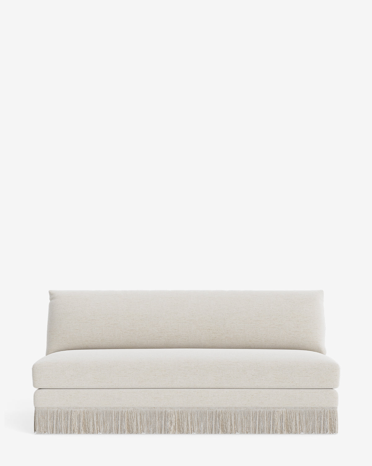 The Philippa Settee 68 is a modern, armless cream settee in designer fabric with a straight back, thick seat cushion, and decorative fringe at the base, shown against a plain white background by McGee & Co.
