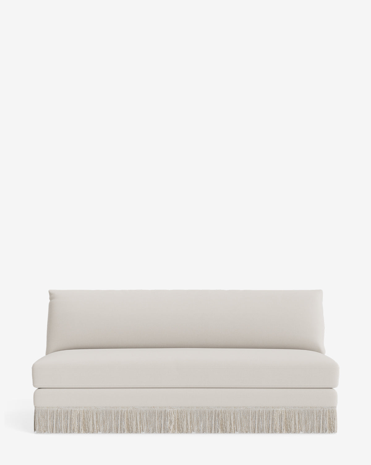 The Philippa Settee 68 is a minimalist, armless settee in beige designer fabric with a straight back, thick cushioned seat, and decorative fringe border along the bottom edge, shown against a plain white background by McGee & Co.