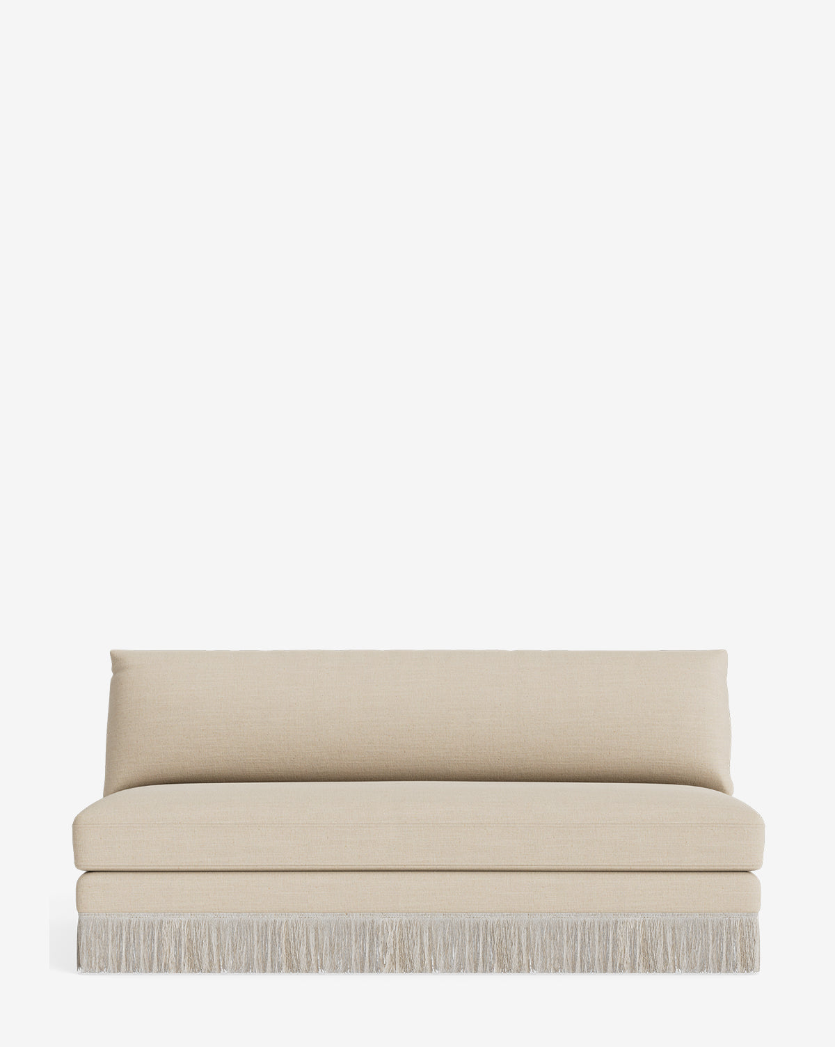 A beige, armless Philippa Settee 68 with a straight back, seat cushion, and decorative fringe along the bottom, shown against a plain white background by McGee & Co.