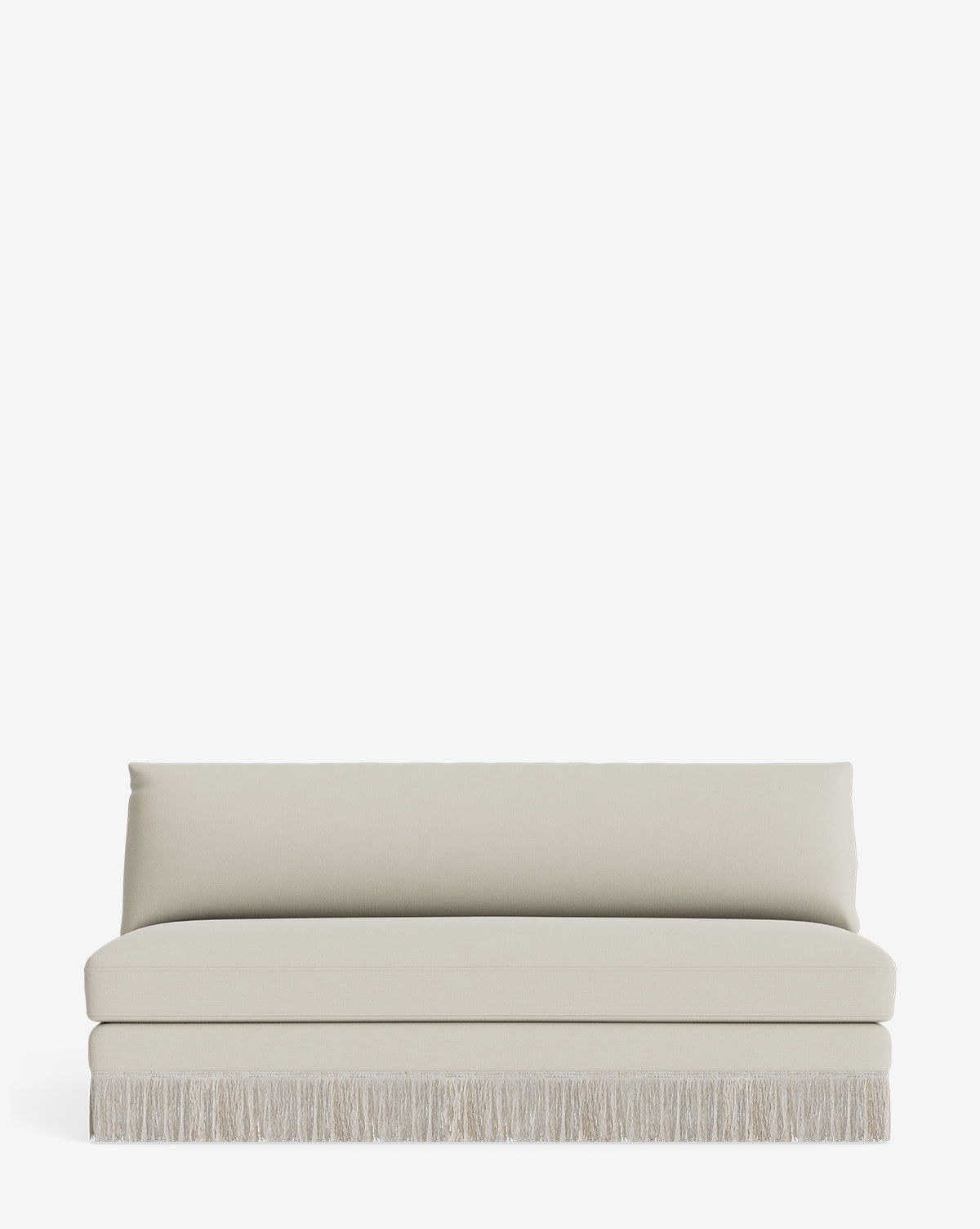 The Philippa Settee 68 is a modern, armless beige settee with a straight back, seat cushion, and decorative fringe along the bottom edge, displayed on a plain white background by McGee & Co.
