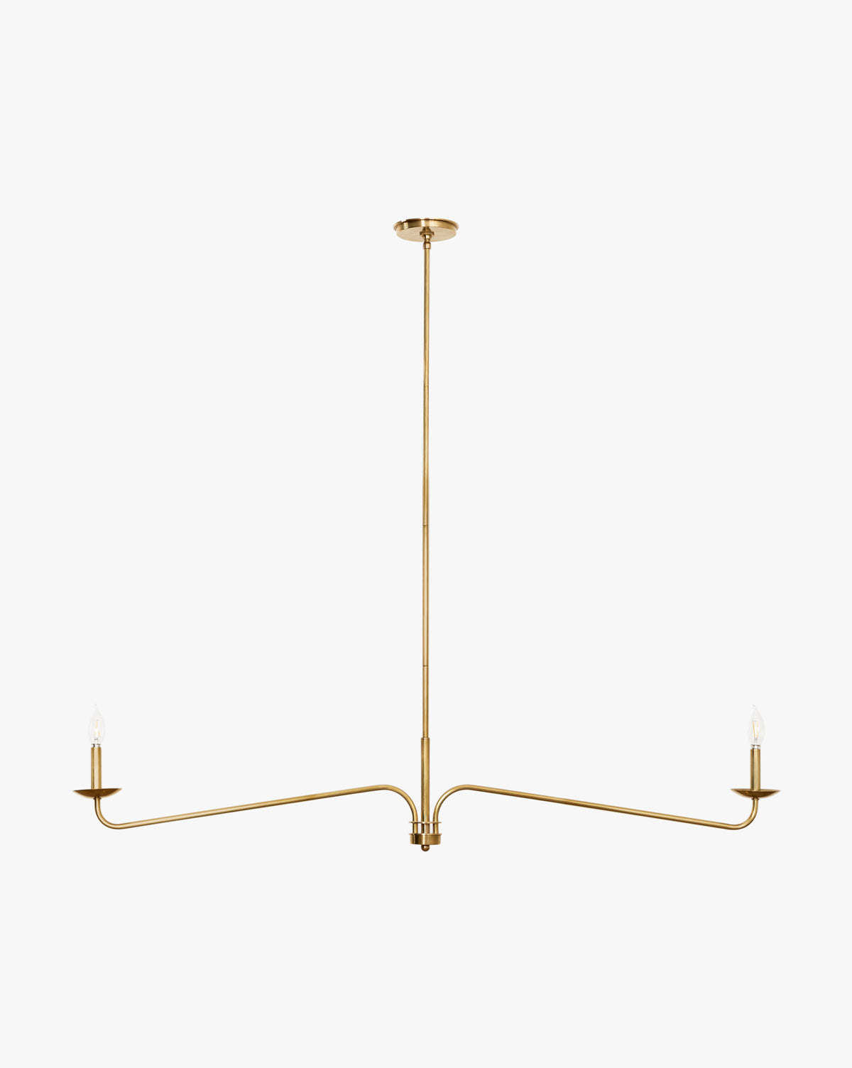 The Makerspalm Philomena Linear Chandelier features a minimalist brass design with a central rod and two horizontal arms, each ending in an exposed candle-style bulb for an elegant, modern accent. McGee & Co.