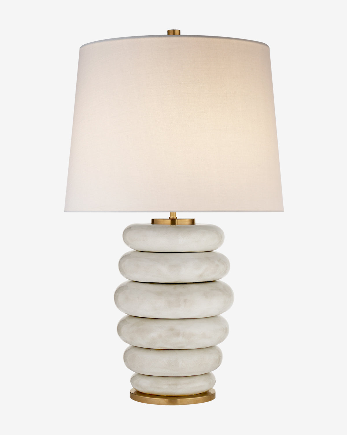 The Phoebe Stacked Table Lamp by Visual Comfort & Co. Signature features a white fabric shade and light beige rounded ceramic base with gold accents by McGee & Co.