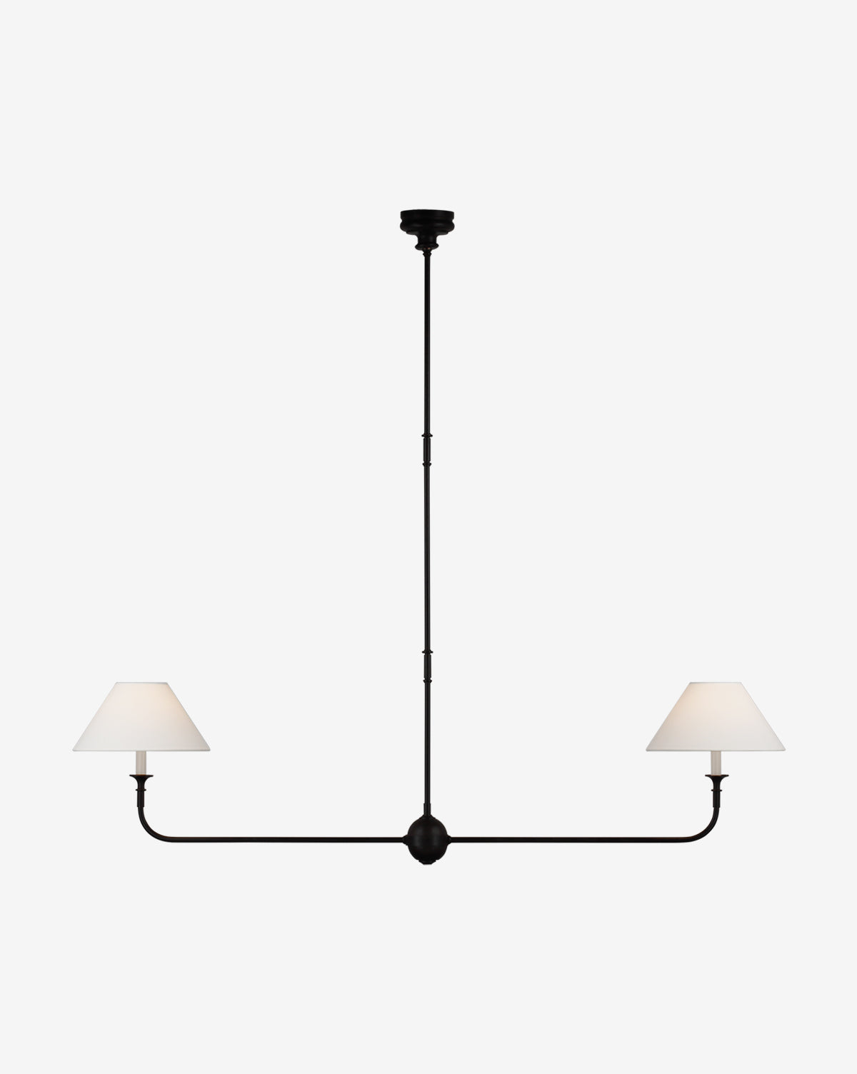 The Piaf Large Two Light Linear Pendant by Visual Comfort & Co. Signature features a minimalist black two-arm design with white cone lampshades, elegantly suspended from a slim rod against a plain white background. McGee & Co.
