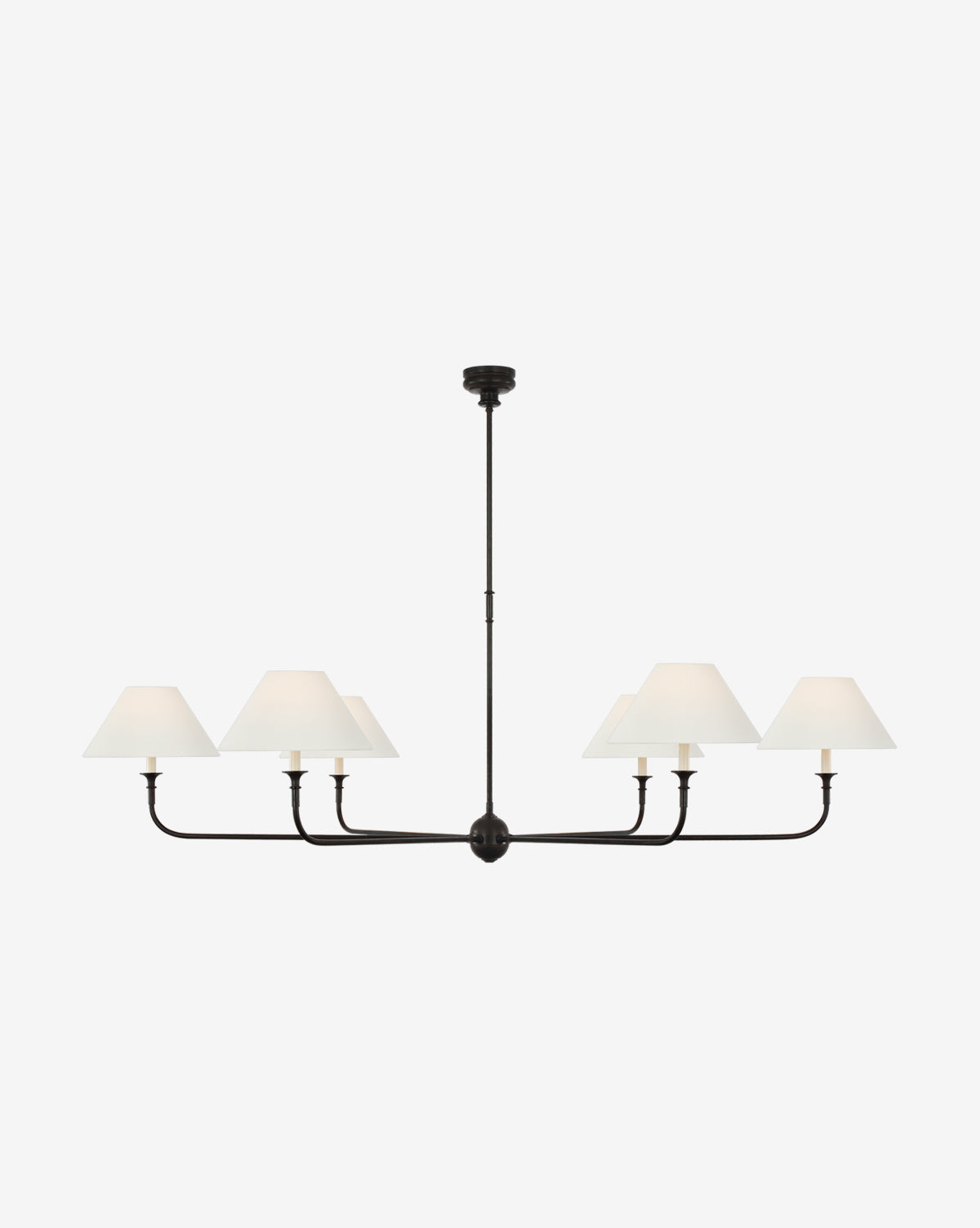 The Piaf Oversized Chandelier by Visual Comfort & Co. Signature features a black metal frame with six arms and white conical shades, showcasing a modern, minimal design suspended elegantly from a central rod. McGee & Co.