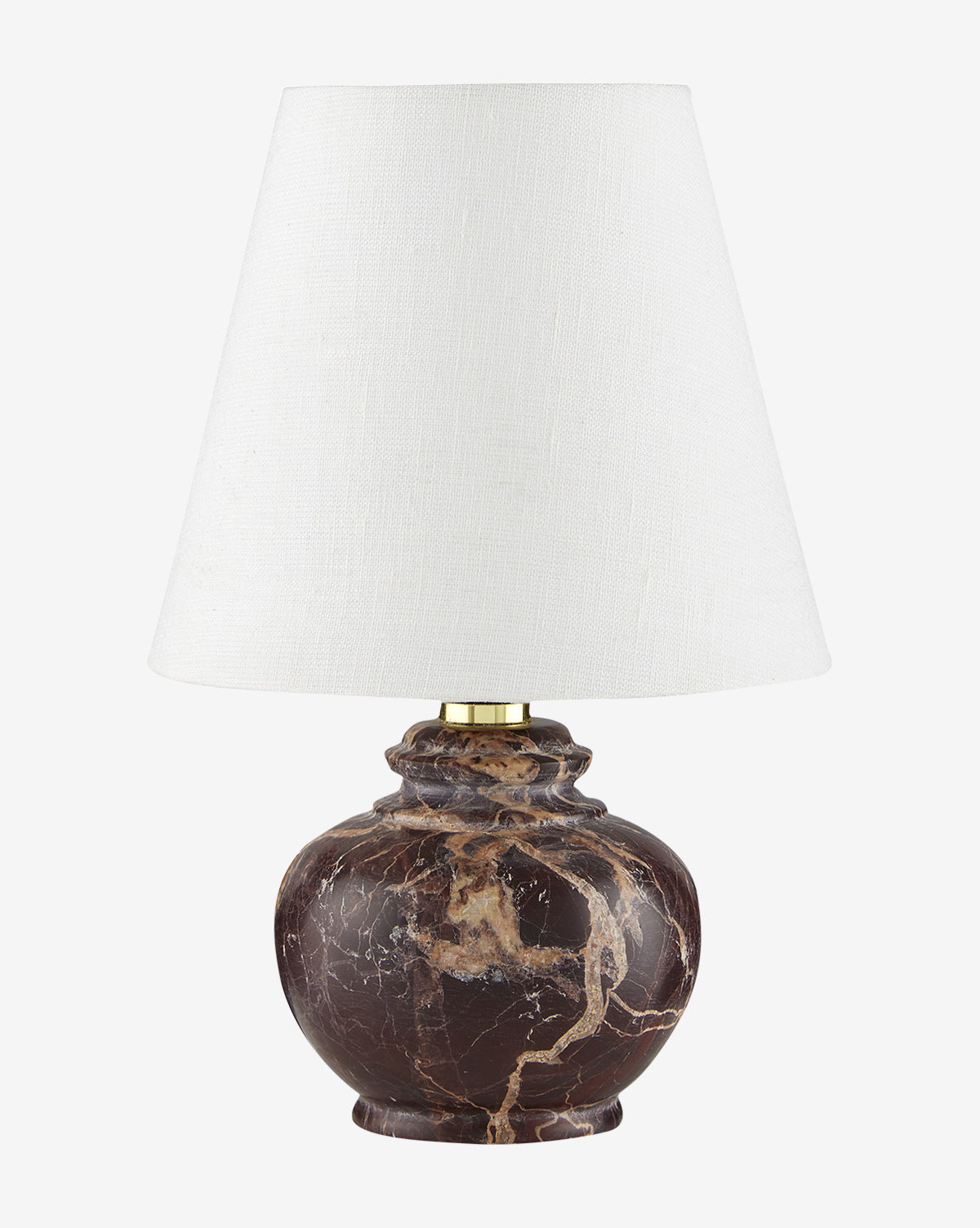 The Piccolo Table Lamp has a round brown marble base with light tan veining, a wide white fabric shade, and a gold accent atop the base for an elegant touch, by McGee & Co.