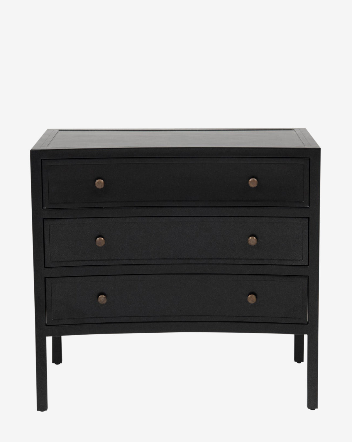 The Pierre Double Nightstand features a matte black finish, three drawers with simple round knobs, clean modern lines, and stands on four straight legs, shown here against a white background by McGee & Co.