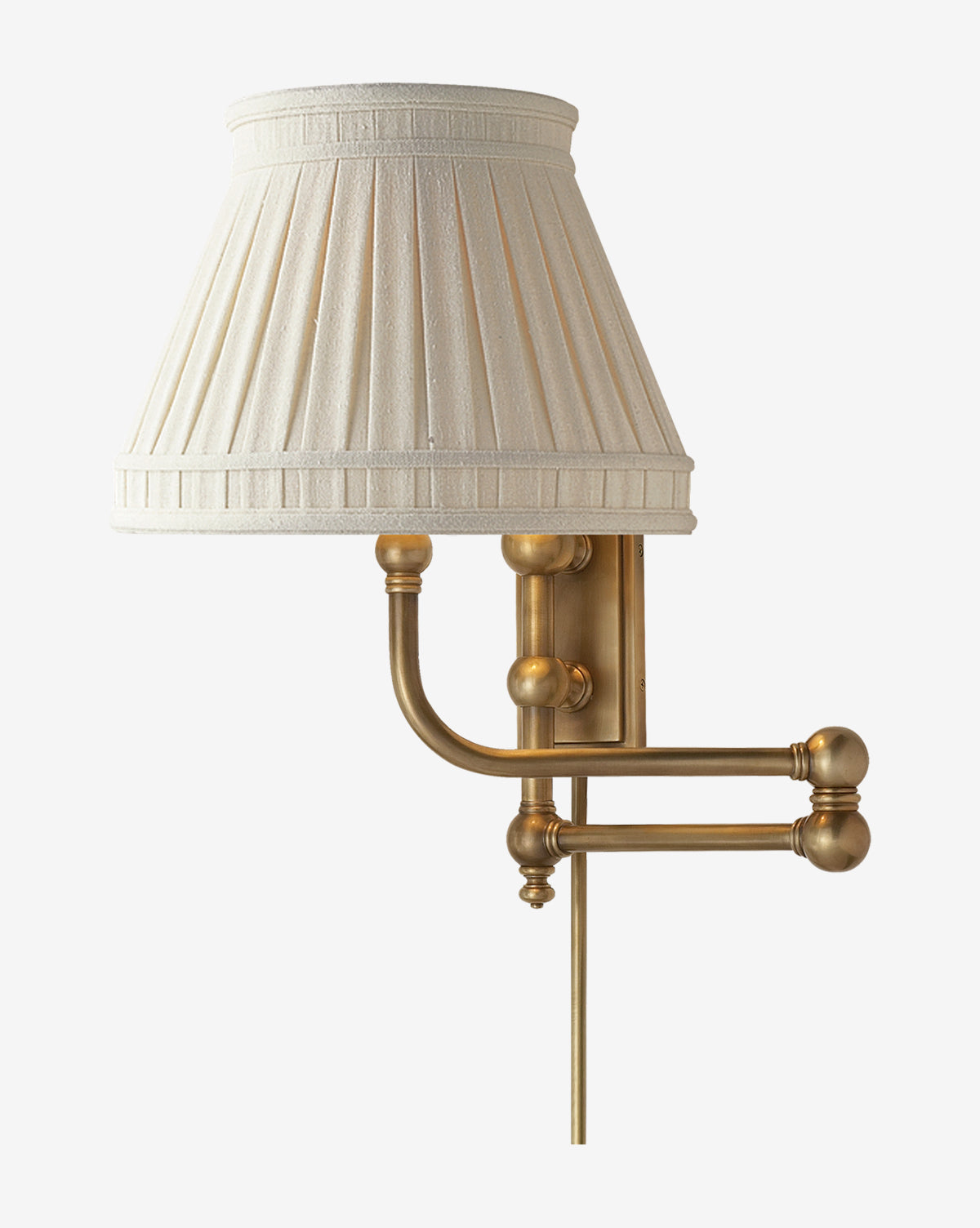The Pimlico Swing Arm by Visual Comfort & Co. Signature features brass finish and a pleated off-white shade, providing versatile lighting, shown against a plain white background. McGee & Co.