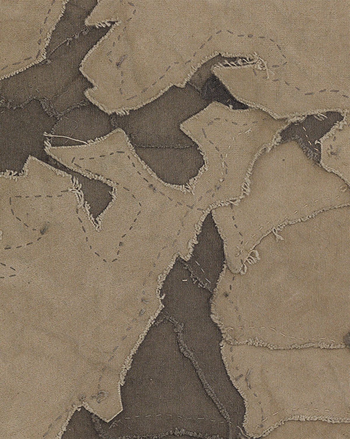 Close-up of Pinecorn III by Kimmy Quillin shows layered, frayed fabric patches in earthy tones, stitched with visible seams and raw edges, forming an abstract, textured pattern reminiscent of handmade art, by McGee & Co.