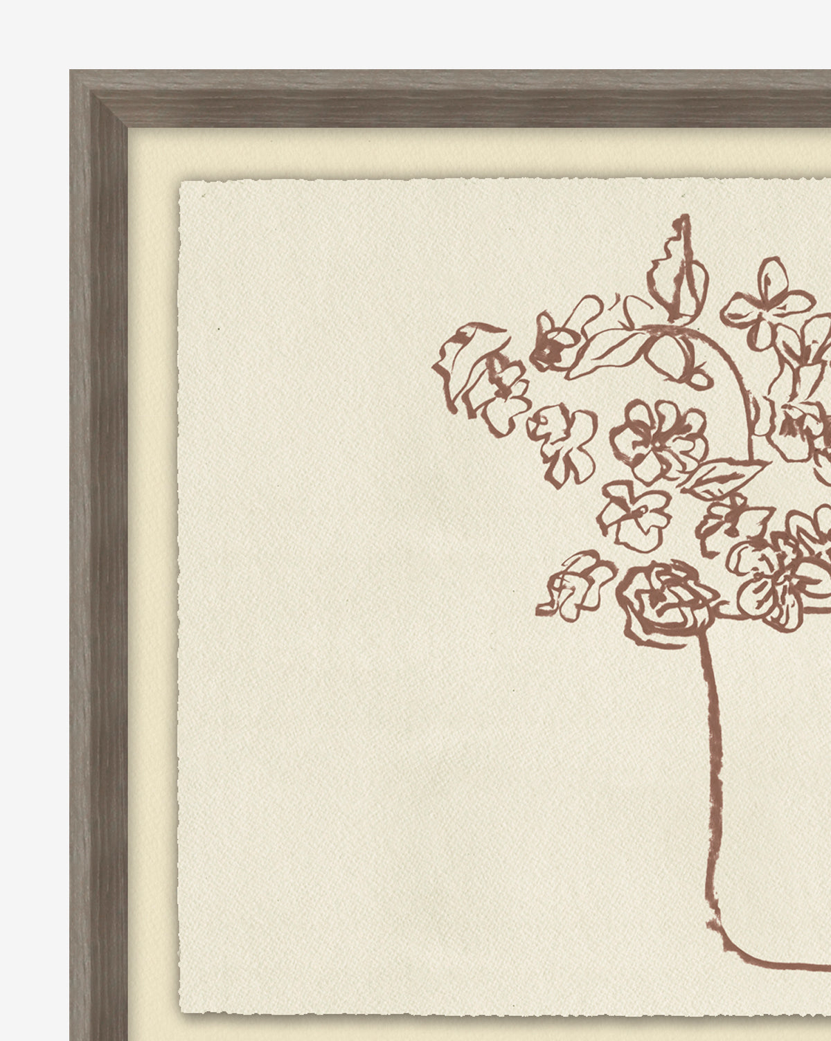 Pitcher of Flowers is a minimalist botanical still life featuring a vase with flowers in brown ink on textured cream paper, presented in an elegant charcoal wood grain frame.