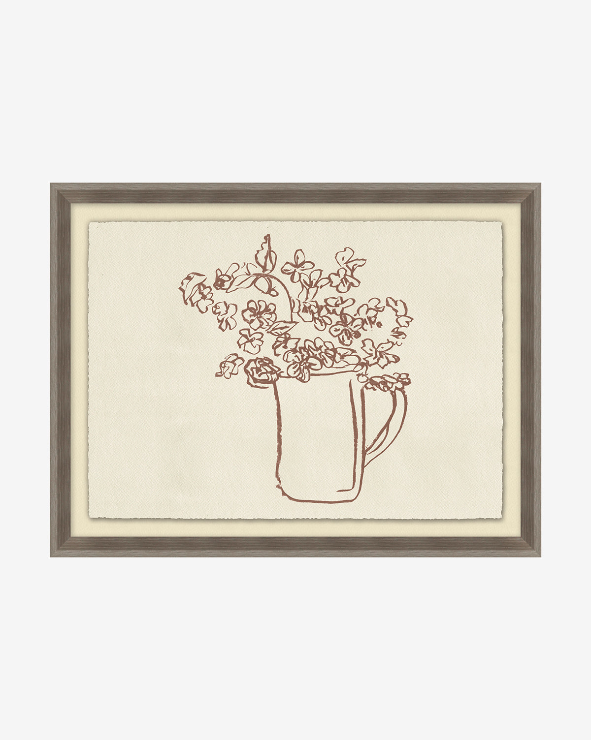 ‘Pitcher of Flowers’ is a minimalist line drawing of a botanical still life in a mug, sketched in brown on cream, and framed in a simple charcoal wood grain frame.