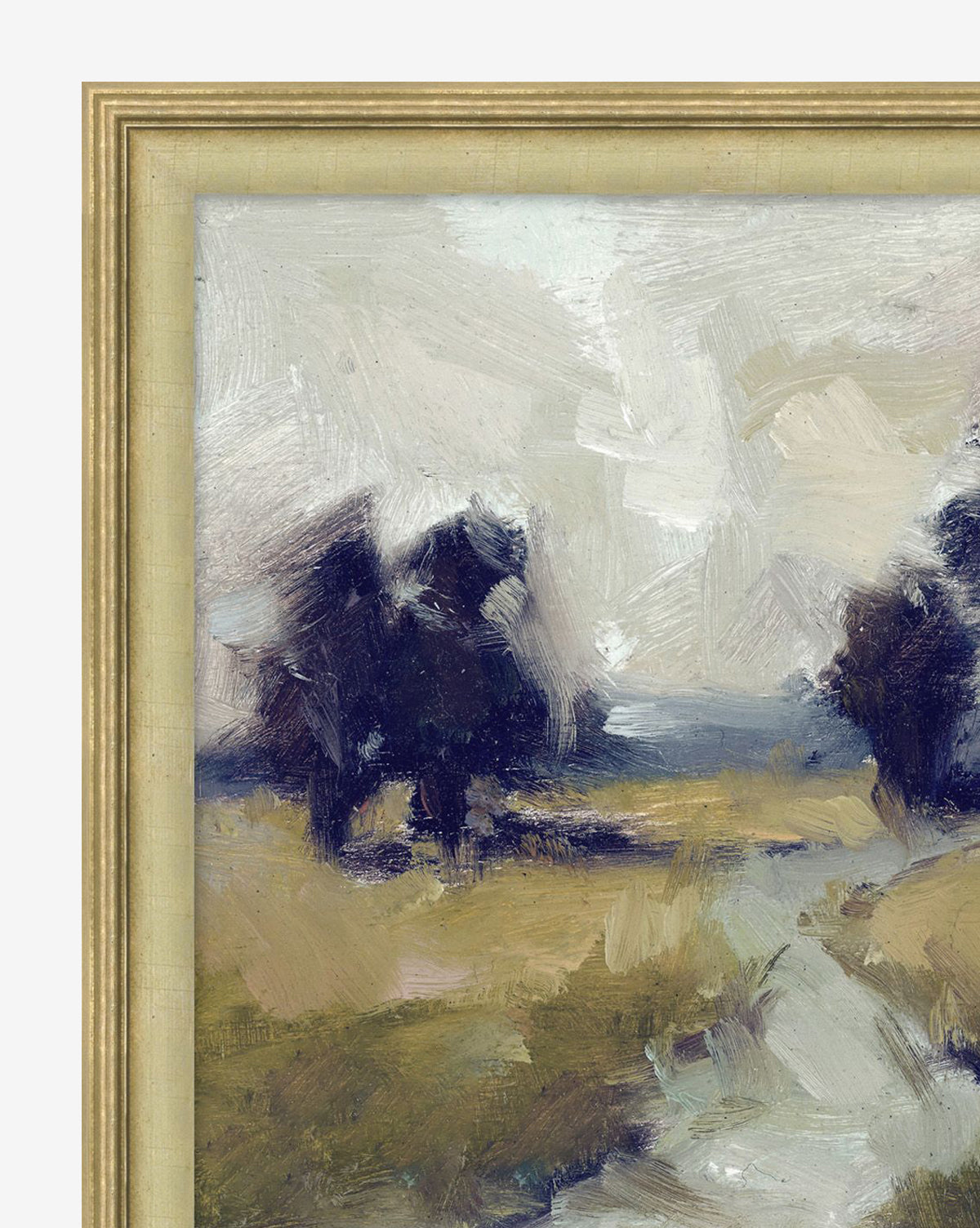 A close-up of Poets Path I shows a landscape with dark trees, grassy fields, and a cloudy sky in a gold wood frame, painted with visible brushstrokes in muted green, blue, and beige tones.