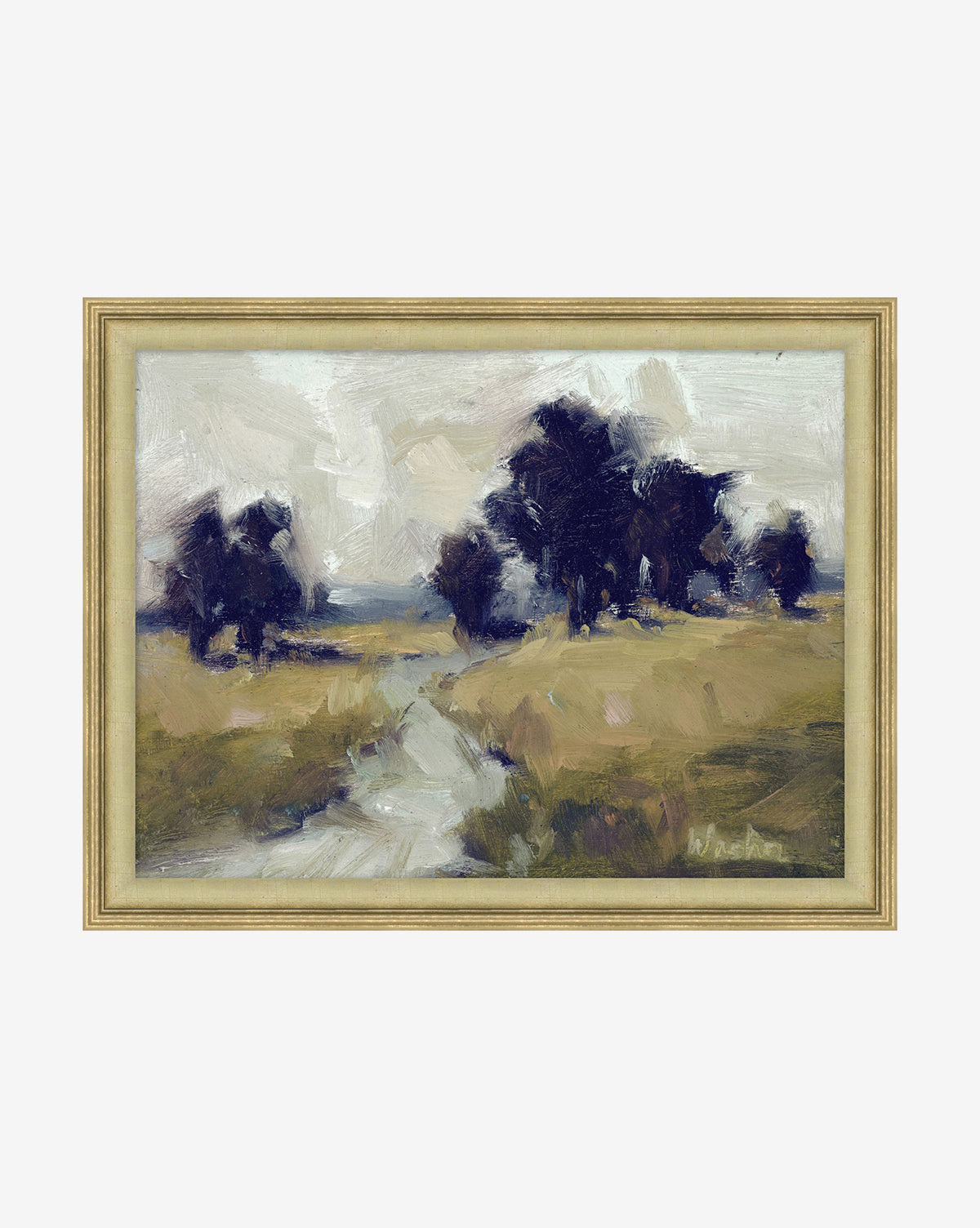 Poets Path I is a framed canvas art featuring a winding path through grassy fields, dark trees, and a cloudy sky in loose impressionistic brushstrokes, elegantly finished with a gold wood frame.