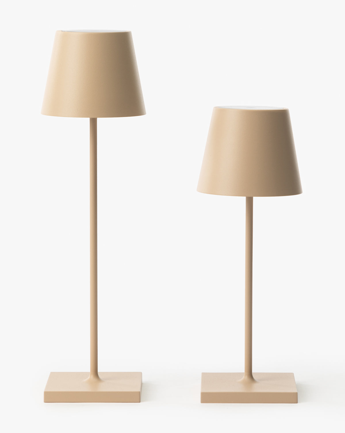 Two beige Poldina Indoor/Outdoor Table Lamps by Zafferano America, featuring modern conical shades and square bases—one taller than the other—are displayed against a plain white background, McGee & Co.