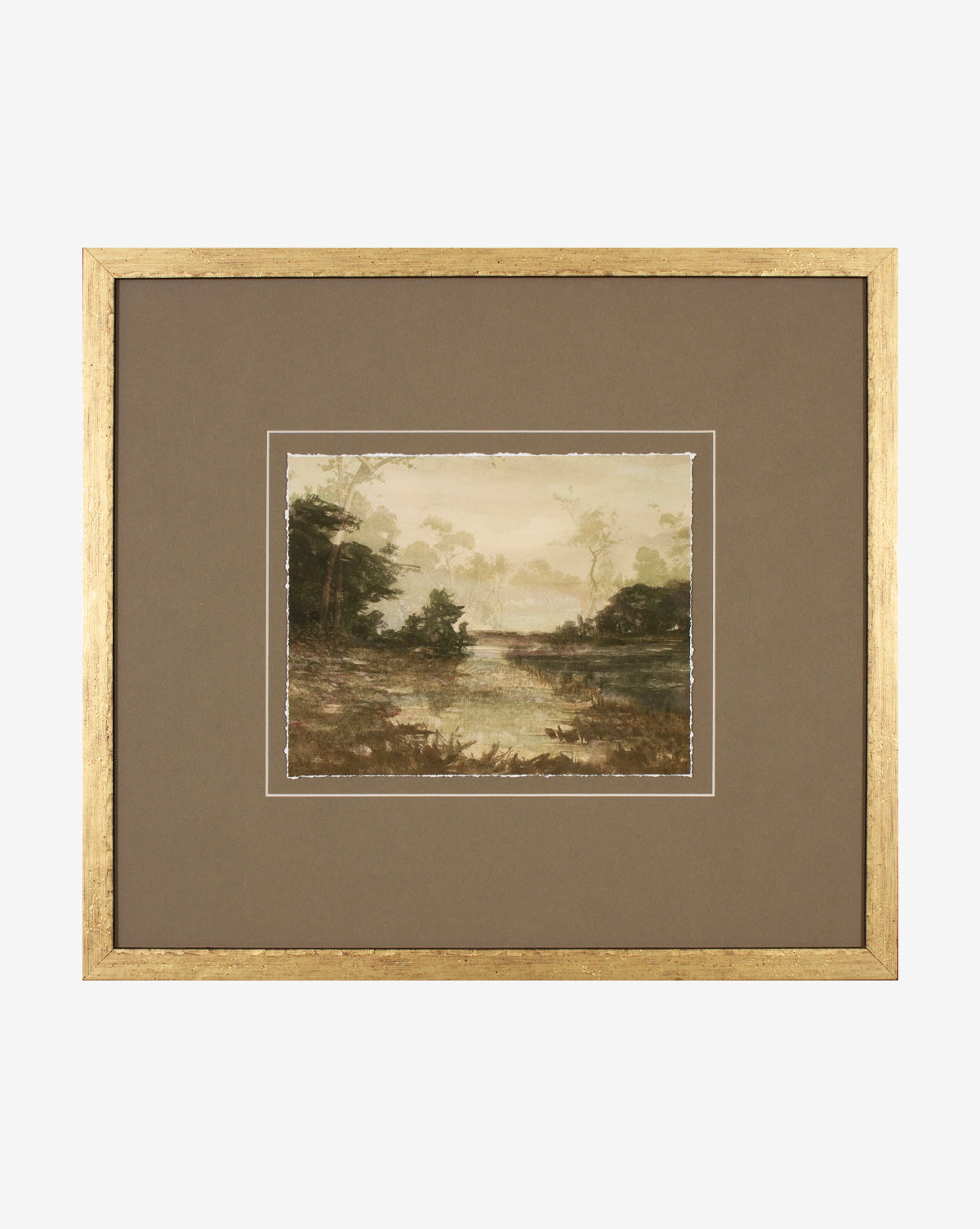 “Pond at Sunset” is a framed painting depicting a tranquil landscape with a pond at sunset, encircled by trees and foliage in earthy tones, set in an elegant wood frame, by McGee & Co.