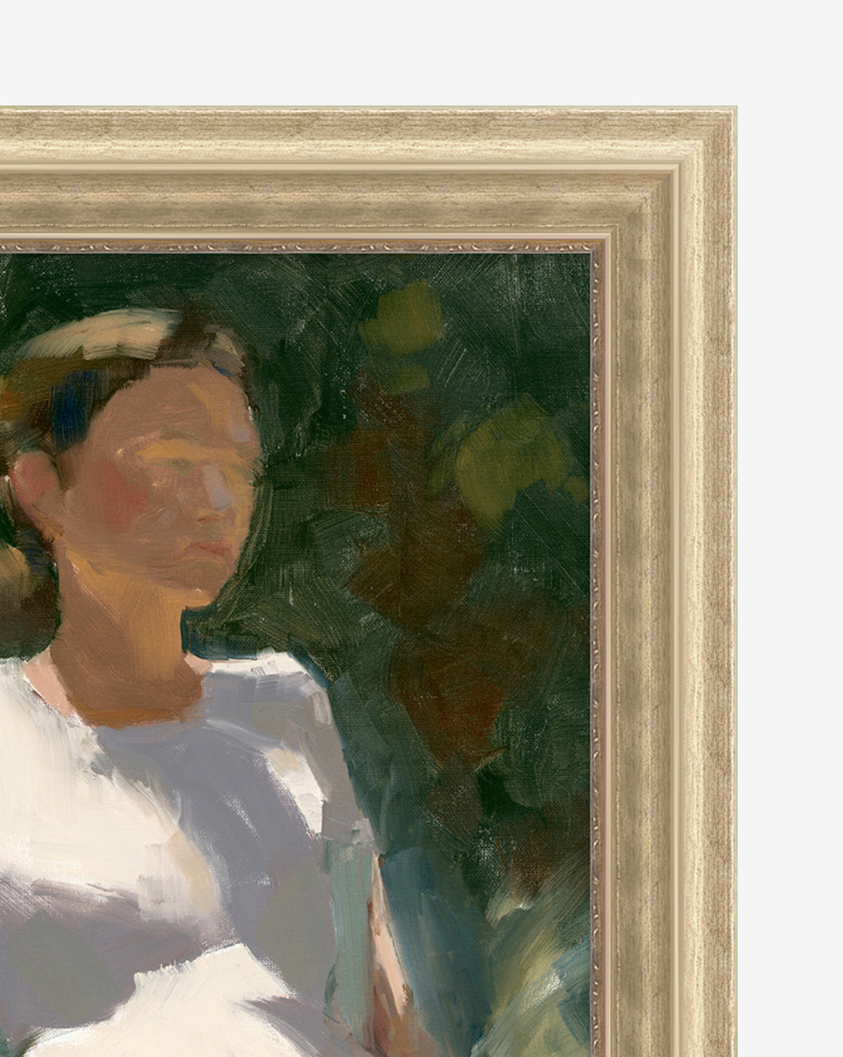 Ponder in the Park 1 is a framed, impressionistic artwork of a woman with short hair in a white top. Soft brushstrokes and an abstract dark green background give this vintage-inspired piece its unique, indistinct features.