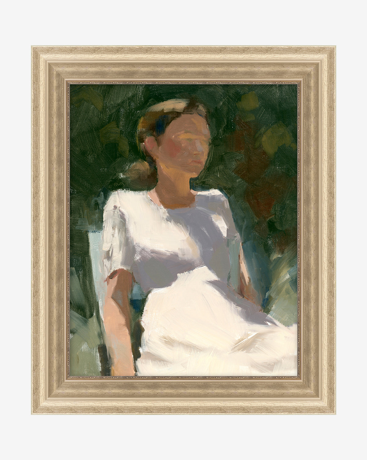 Ponder in the Park 1 features an impressionist-style woman in a white dress seated outdoors with a green, leafy background. Softly blurred details and a light wood frame give this vintage-inspired artwork timeless charm.