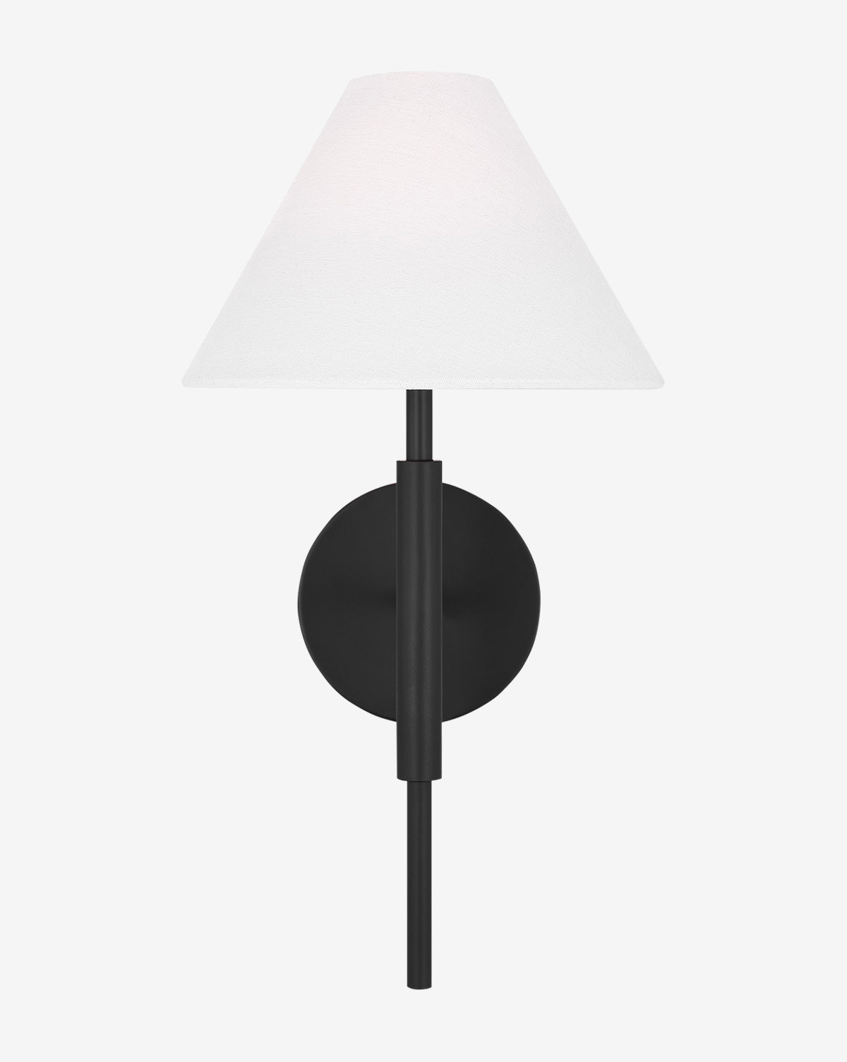The Porteau Medium Sconce by Visual Comfort Studio - Generation Lighting features a black cylindrical base and stem with a white linen cone shade, displayed against a plain white background. McGee & Co.