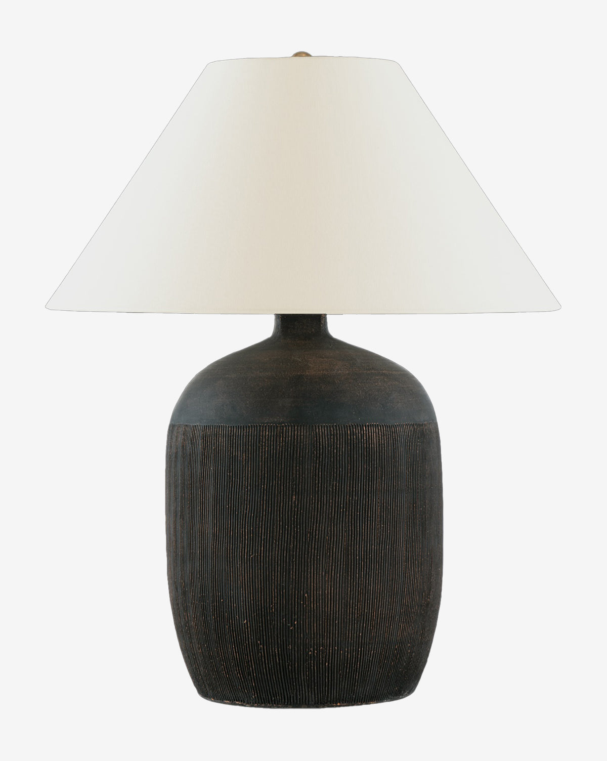 The Portis Combed Round Table Lamp by Visual Comfort & Co. Signature features a textured dark brown terracotta base and a wide white linen cone shade, displayed against a plain white background. McGee & Co.