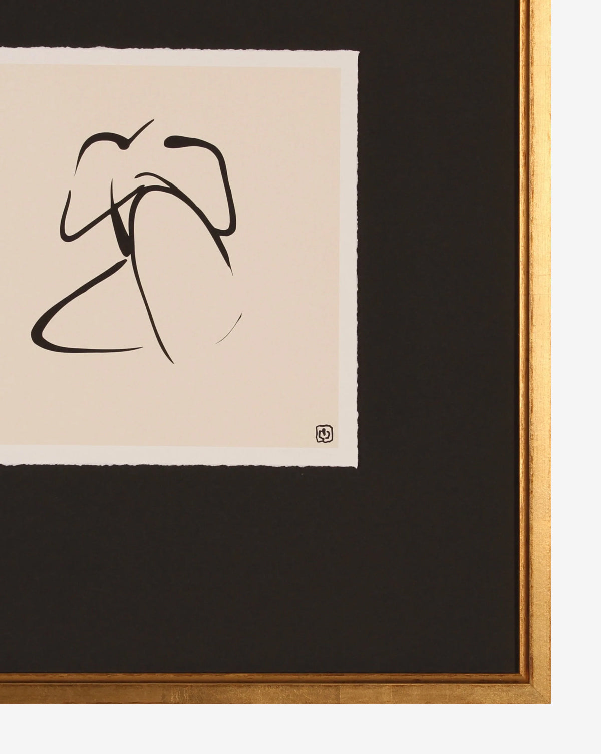 Pose Sketch 1 is a minimalist black ink drawing of a seated figure on cream paper, showcased in a black mat with gold frame. This abstract artwork features flowing lines, offering striking gallery-quality wall decor.