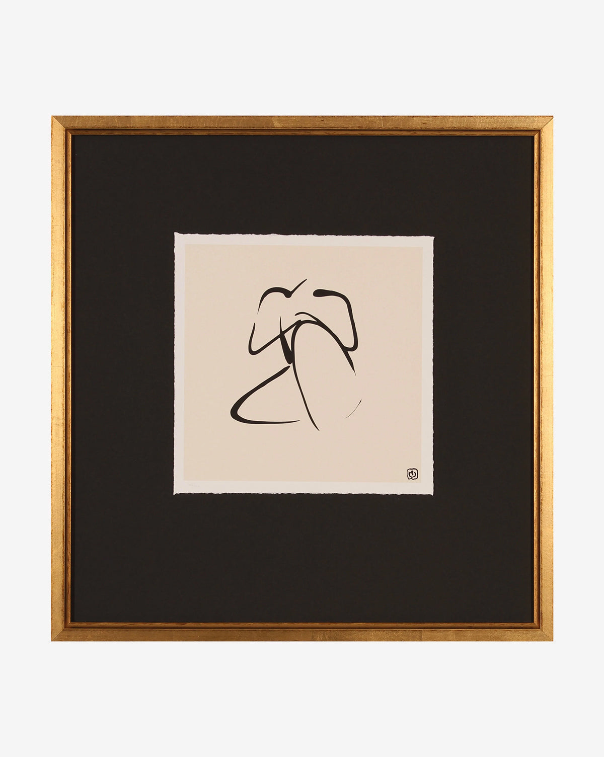 Pose Sketch 1 is a minimalist line drawing of a seated human figure in simple black strokes on a light background, elegantly framed in black matte with gold, showcasing abstract outline art.