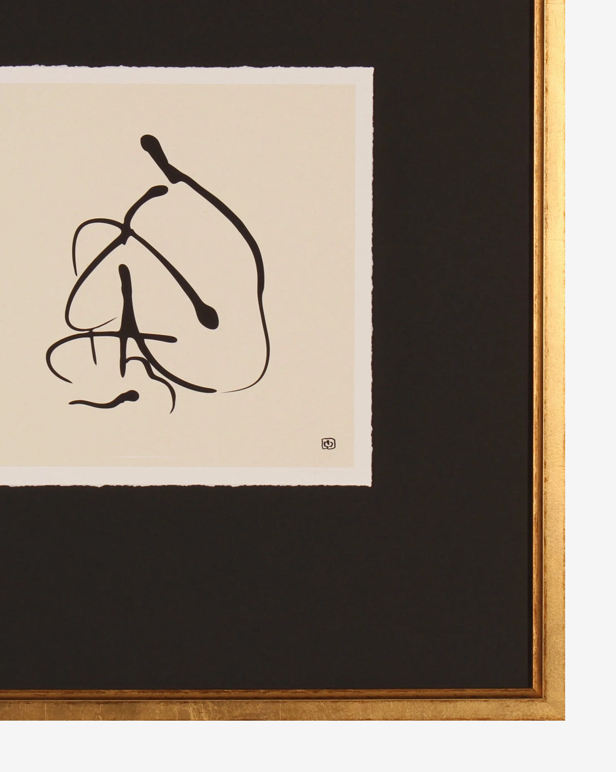 Pose Sketch 2 features abstract black ink lines forming flowing, curved shapes on a beige background, bordered by a wide black matte and gold wood frame for a modern minimalist look.