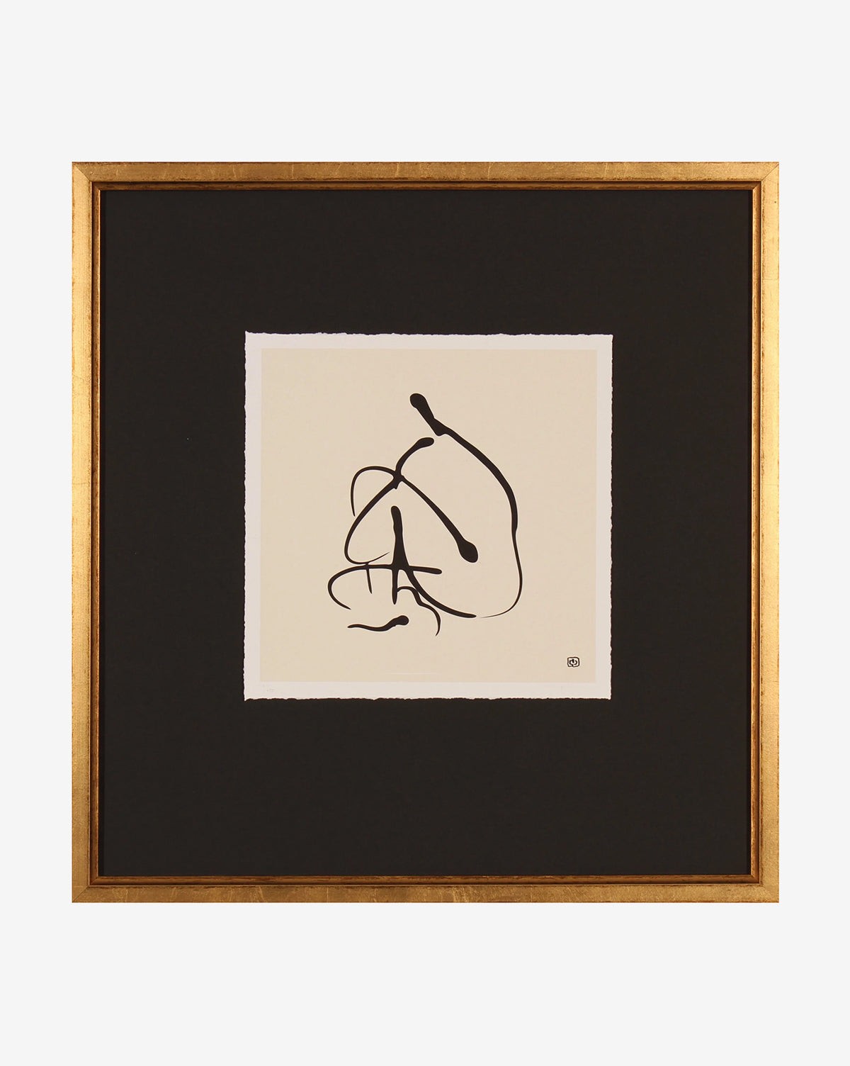 Pose Sketch 2 features abstract black ink lines forming a minimalist, organic pose on cream paper, centered in a black mat and gold wood frame for a modern, artistic look.